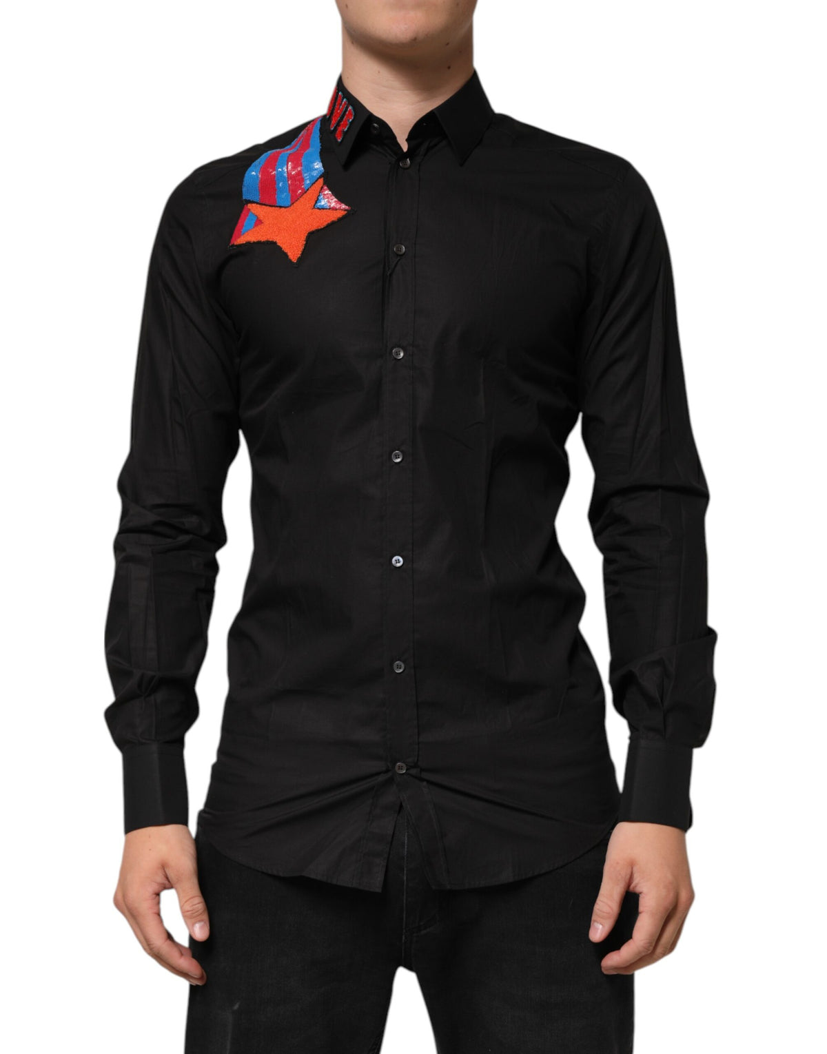 Dolce & Gabbana Black Cotton Star Sequin Dress Formal Men Men's Shirt (Pre-Owned)