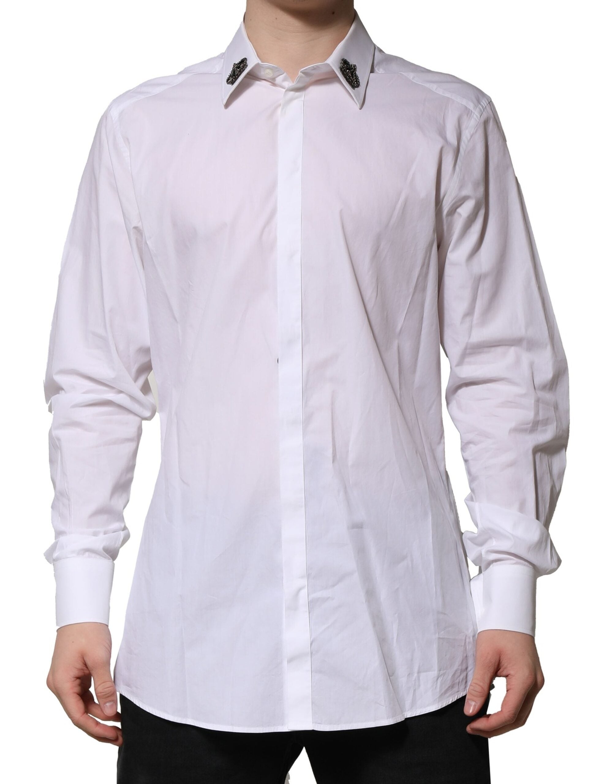 Dolce & Gabbana White Cotton Crown Collar GOLD Formal Men's Shirt (Pre-Owned)