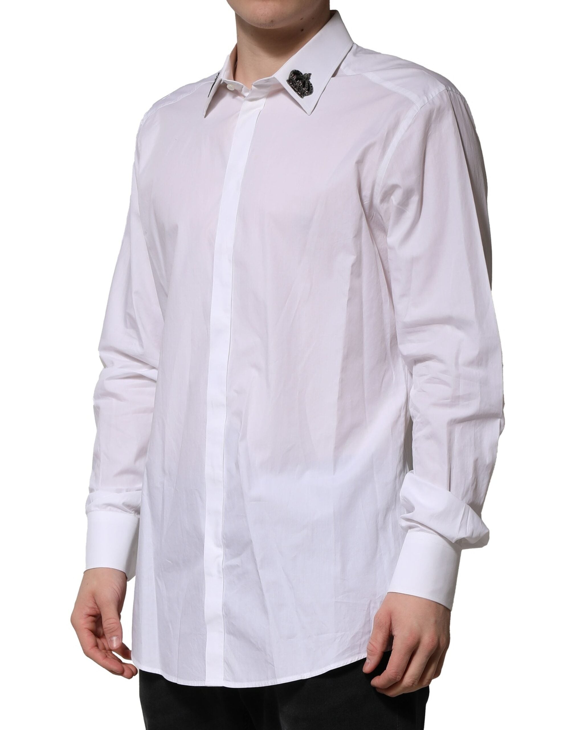 Dolce & Gabbana White Cotton Crown Collar GOLD Formal Men's Shirt (Pre-Owned)