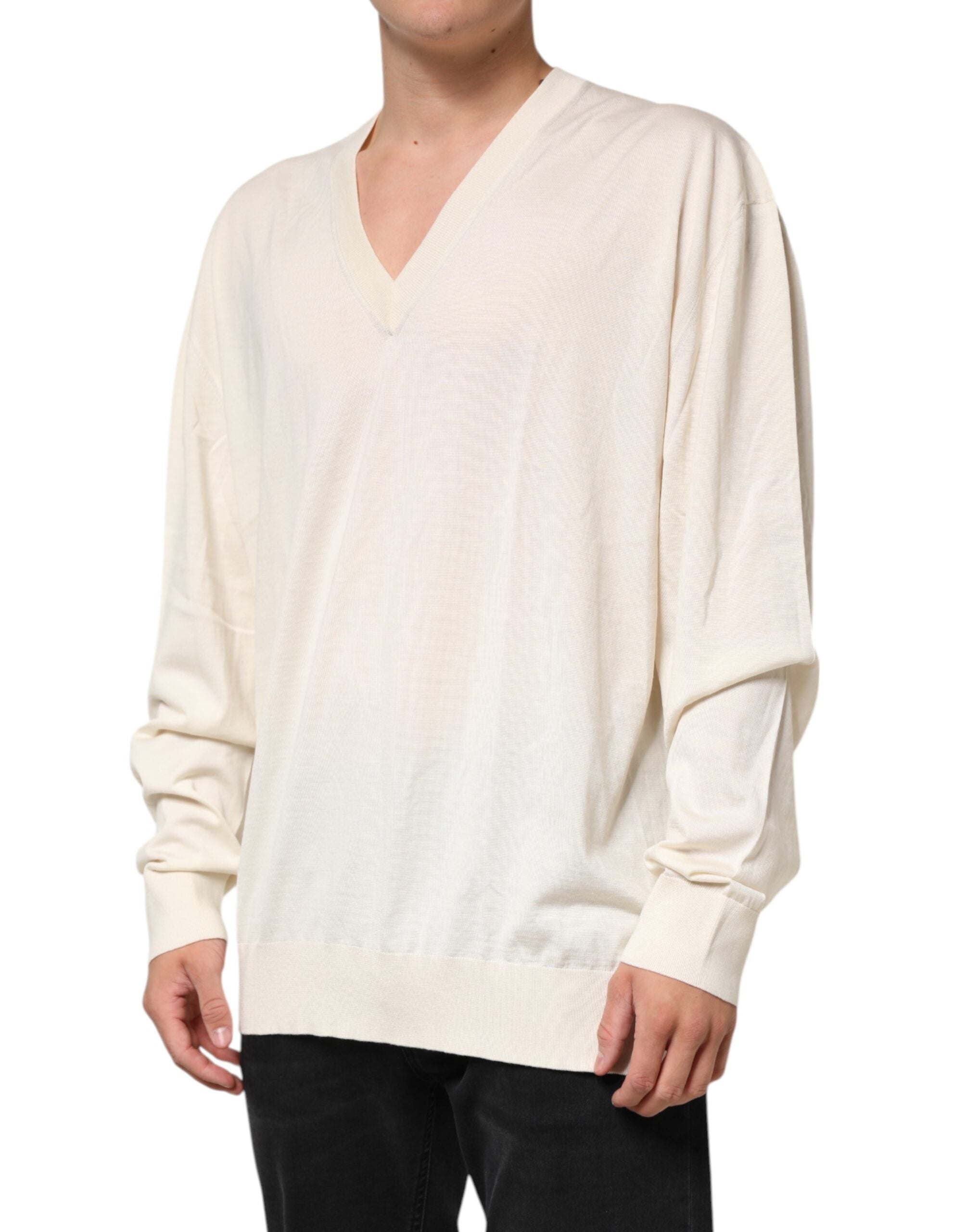 Dolce & Gabbana Ivory Virgin Wool Men V-Neck Knit Men's Sweater (Pre-Owned)