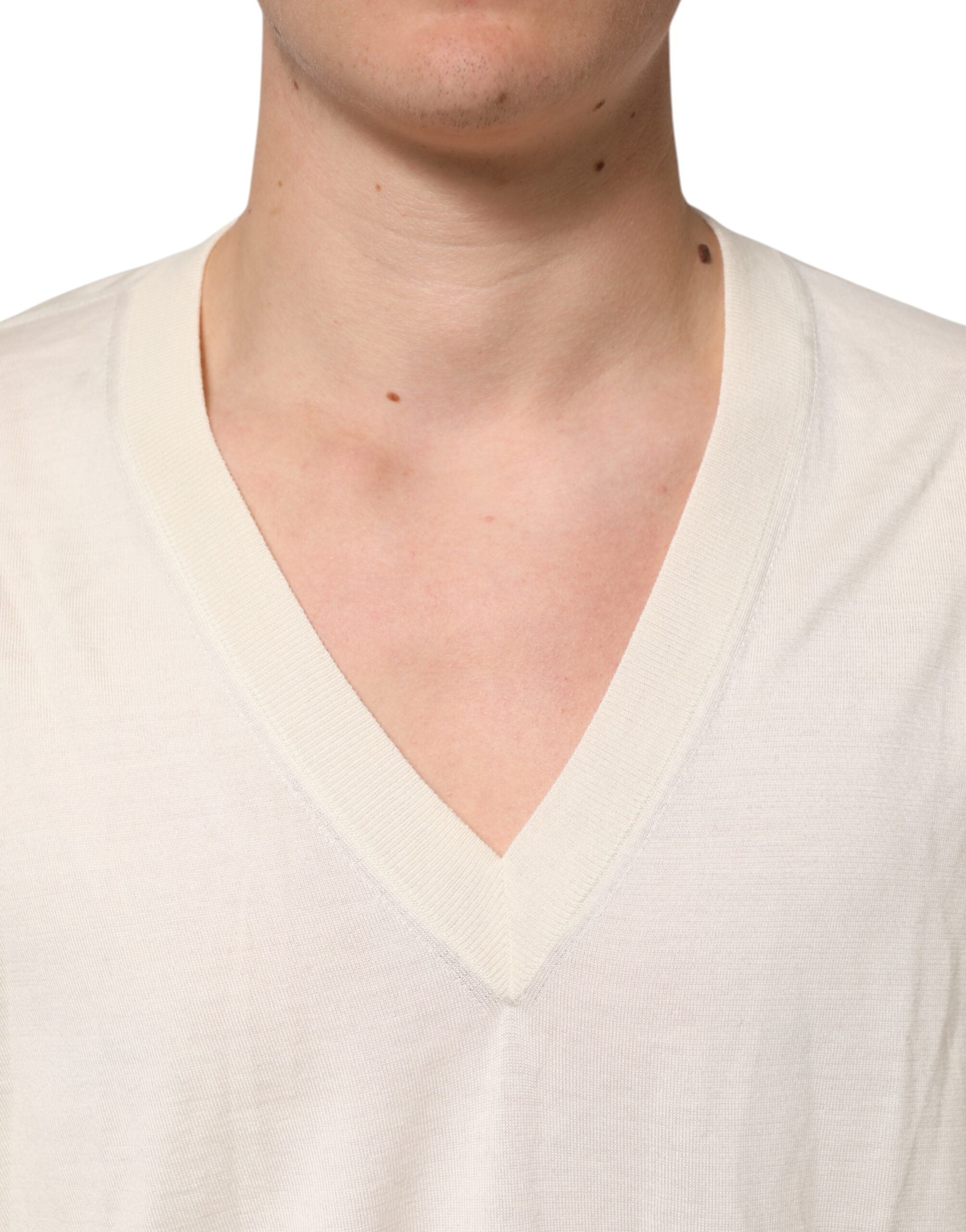 Dolce & Gabbana Ivory Virgin Wool Men V-Neck Knit Men's Sweater (Pre-Owned)
