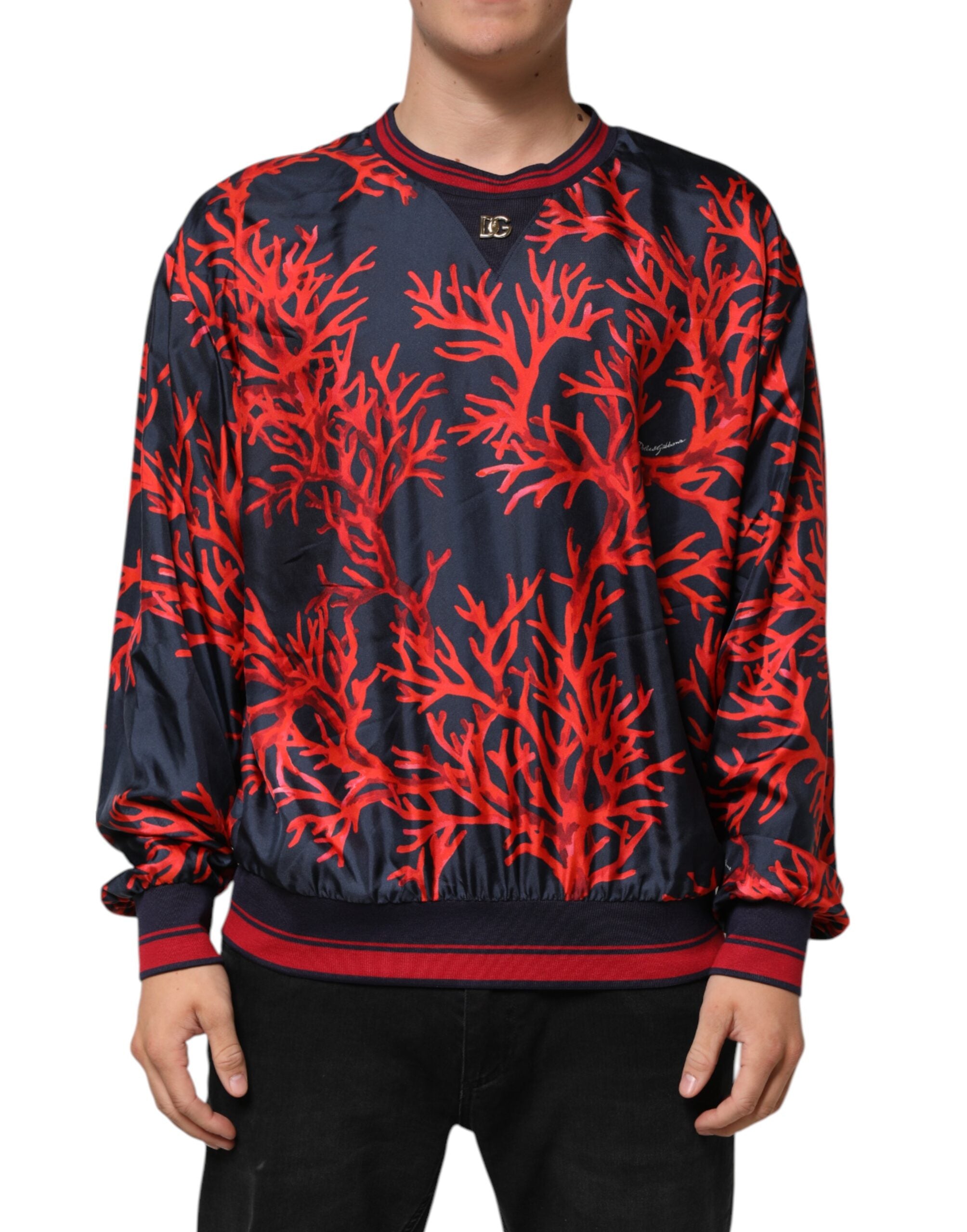Dolce & Gabbana Silk Navy Red Coral Print Pullover Men's Sweater