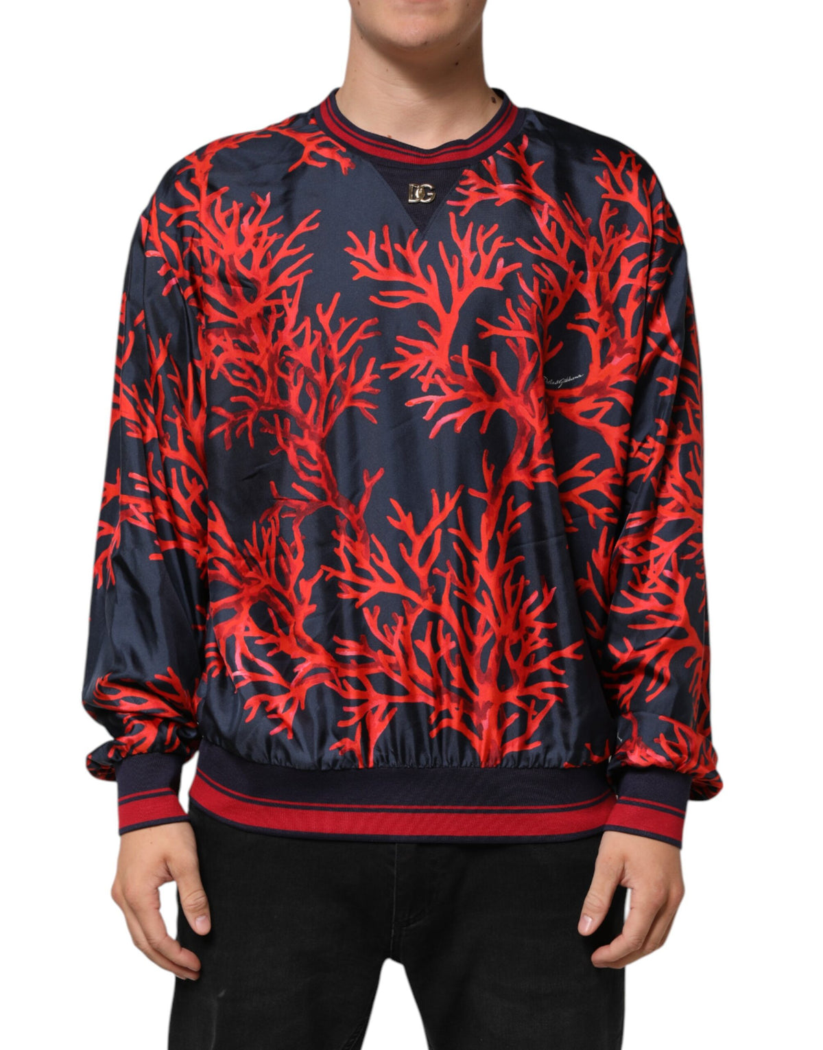 Dolce & Gabbana Silk Navy Red Coral Print Pullover Men's Sweater