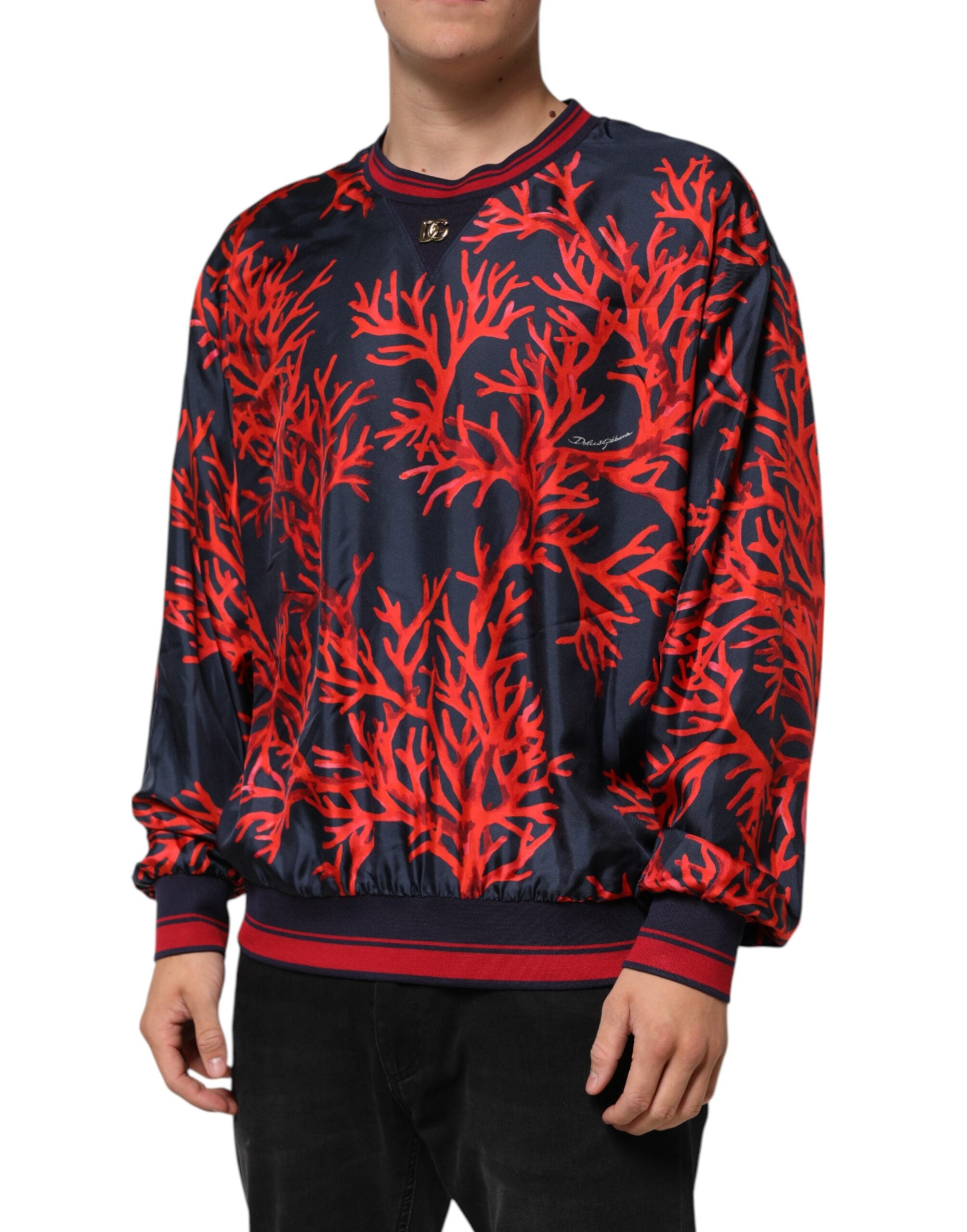 Dolce & Gabbana Silk Navy Red Coral Print Pullover Men's Sweater