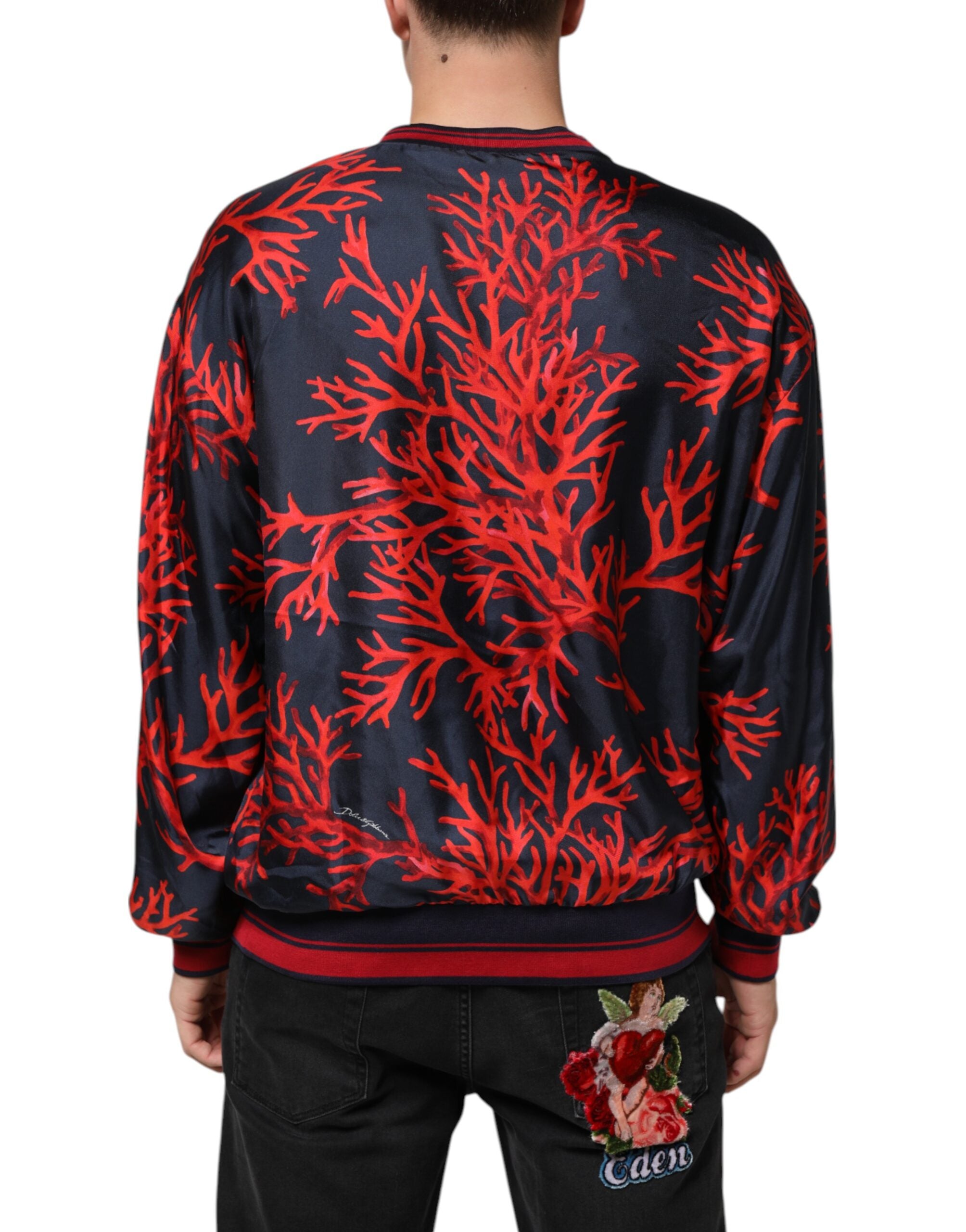 Dolce & Gabbana Silk Navy Red Coral Print Pullover Men's Sweater