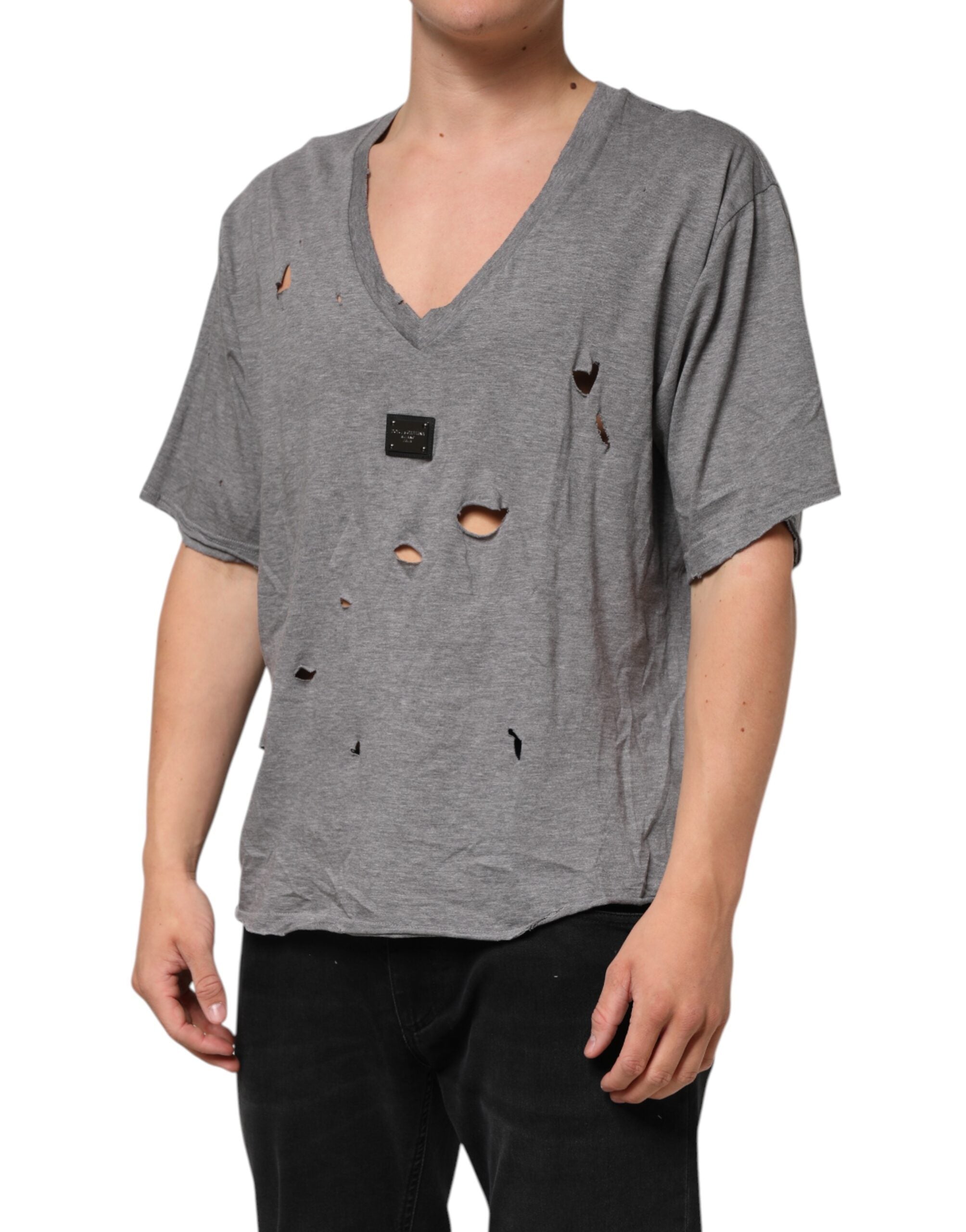 Dolce & Gabbana Gray Cotton Tattered Logo Patch Men Men's T-shirt