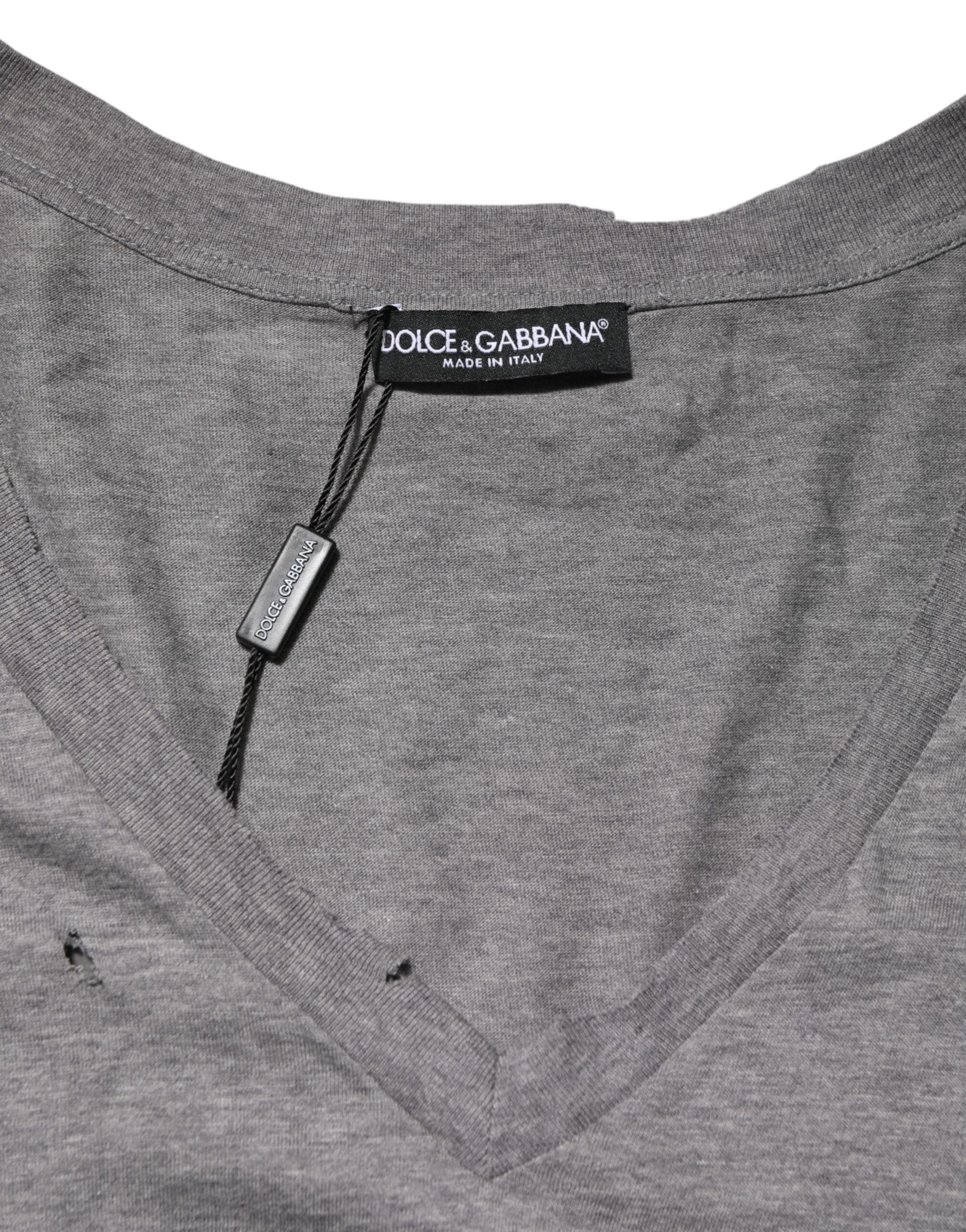Dolce & Gabbana Gray Cotton Tattered Logo Patch Men Men's T-shirt