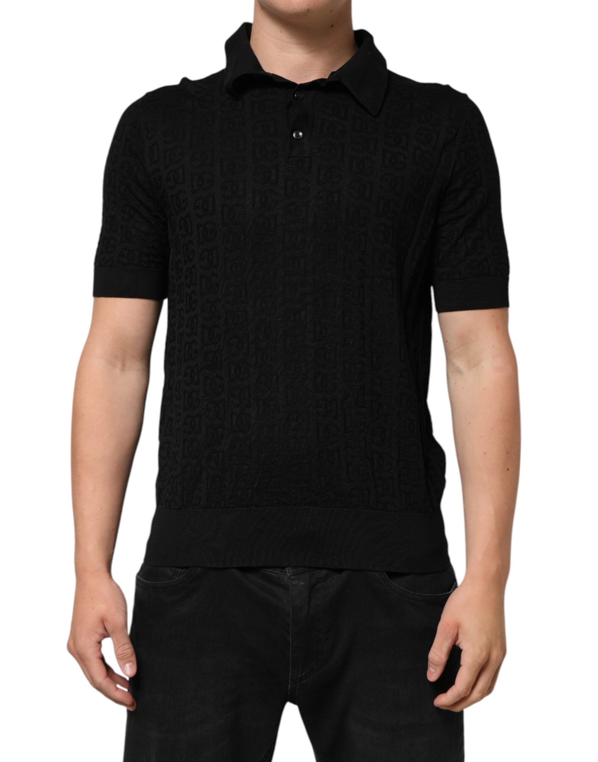 Dolce & Gabbana Black Silk Jacquard DG Polo Shirt Men's T-shirt (Pre-Owned)