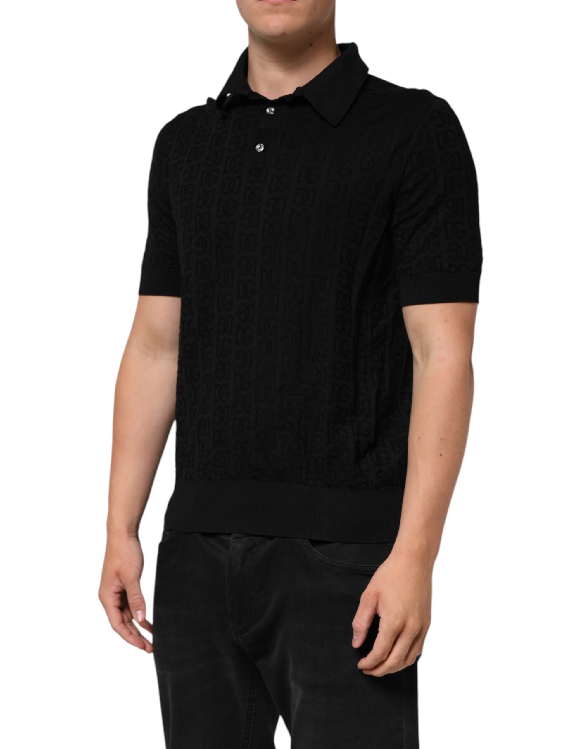 Dolce & Gabbana Black Silk Jacquard DG Polo Shirt Men's T-shirt (Pre-Owned)