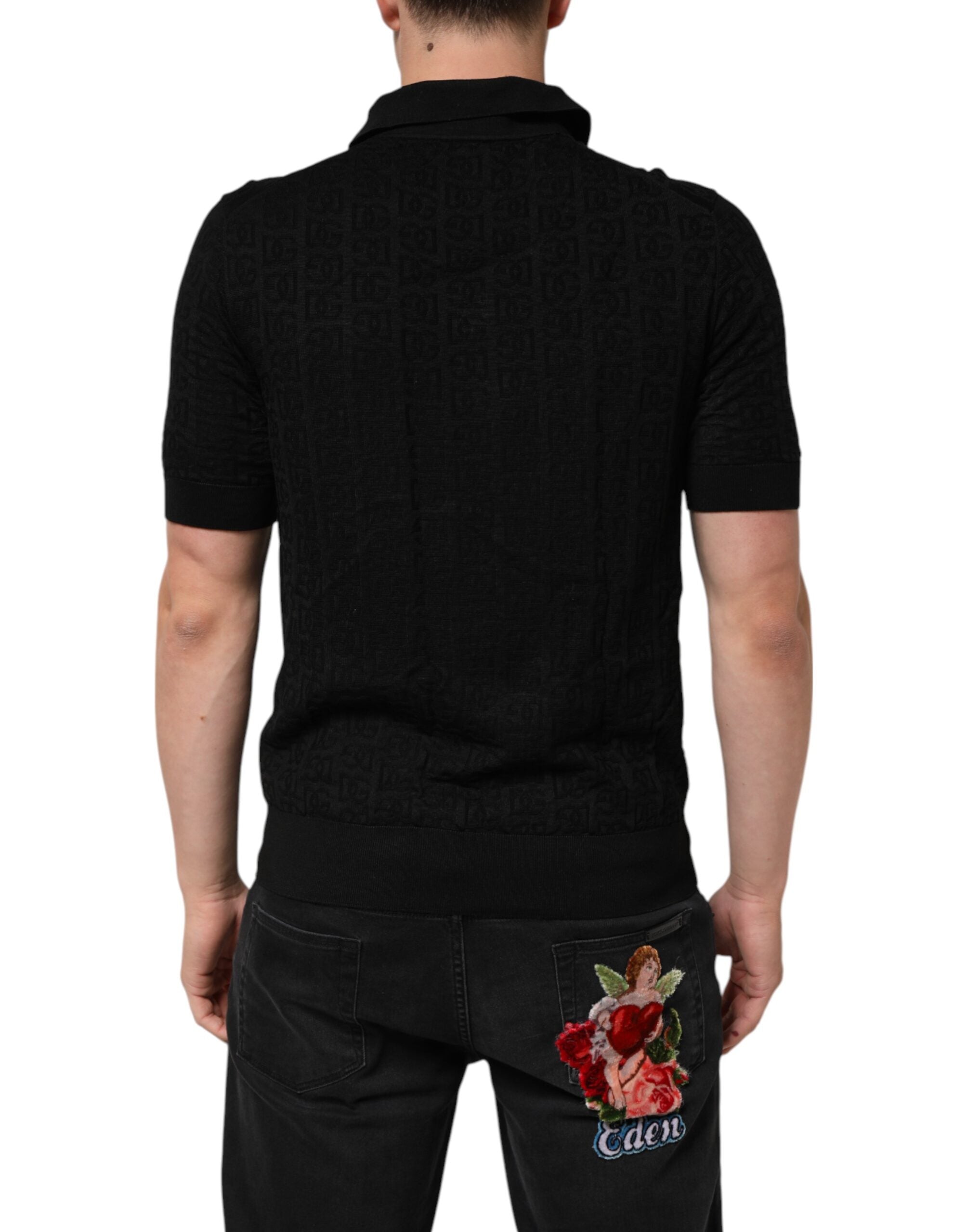 Dolce & Gabbana Black Silk Jacquard DG Polo Shirt Men's T-shirt (Pre-Owned)