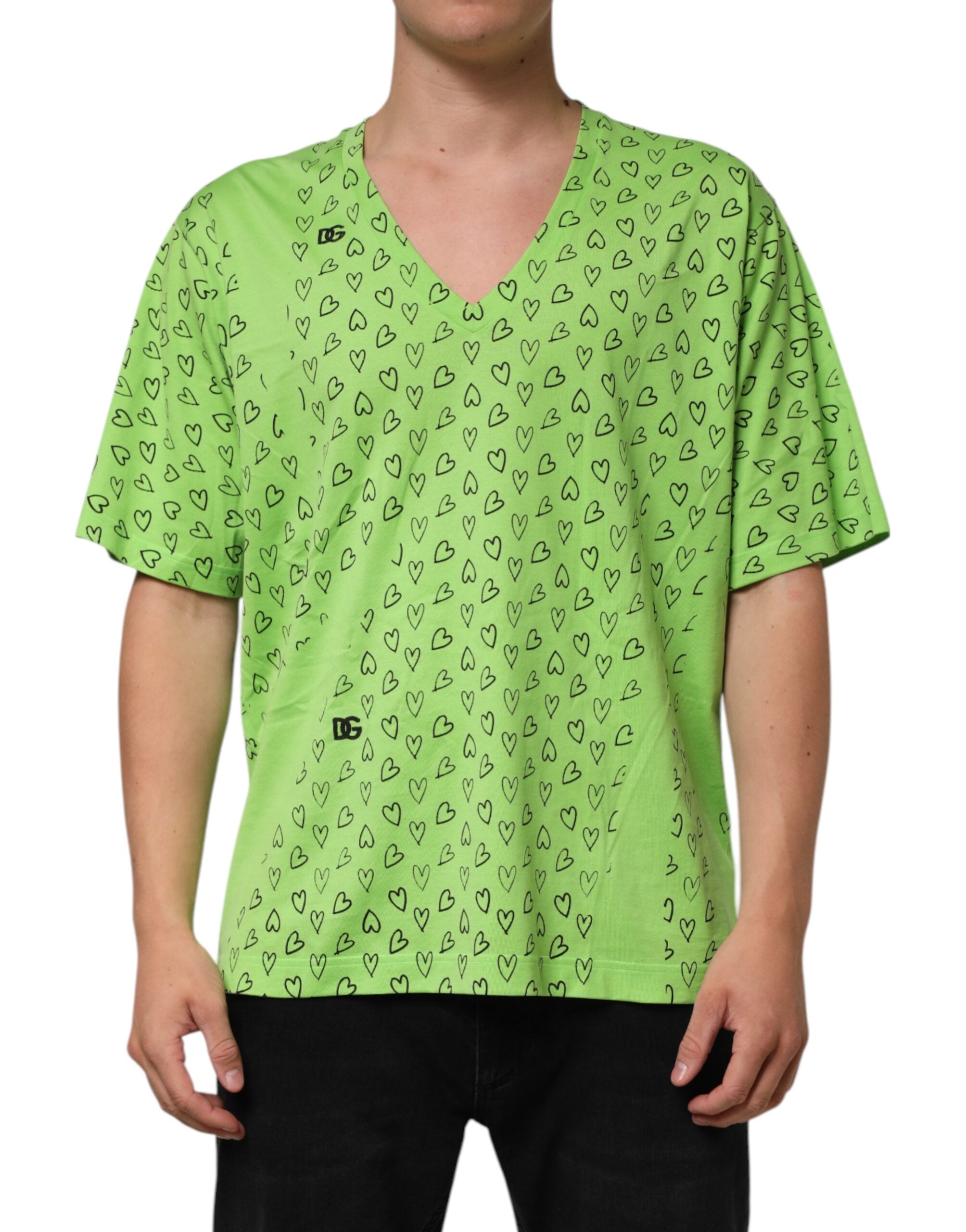 Dolce & Gabbana Green V-Neck DG Logo Heart Print Men's T-shirt (Pre-Owned)