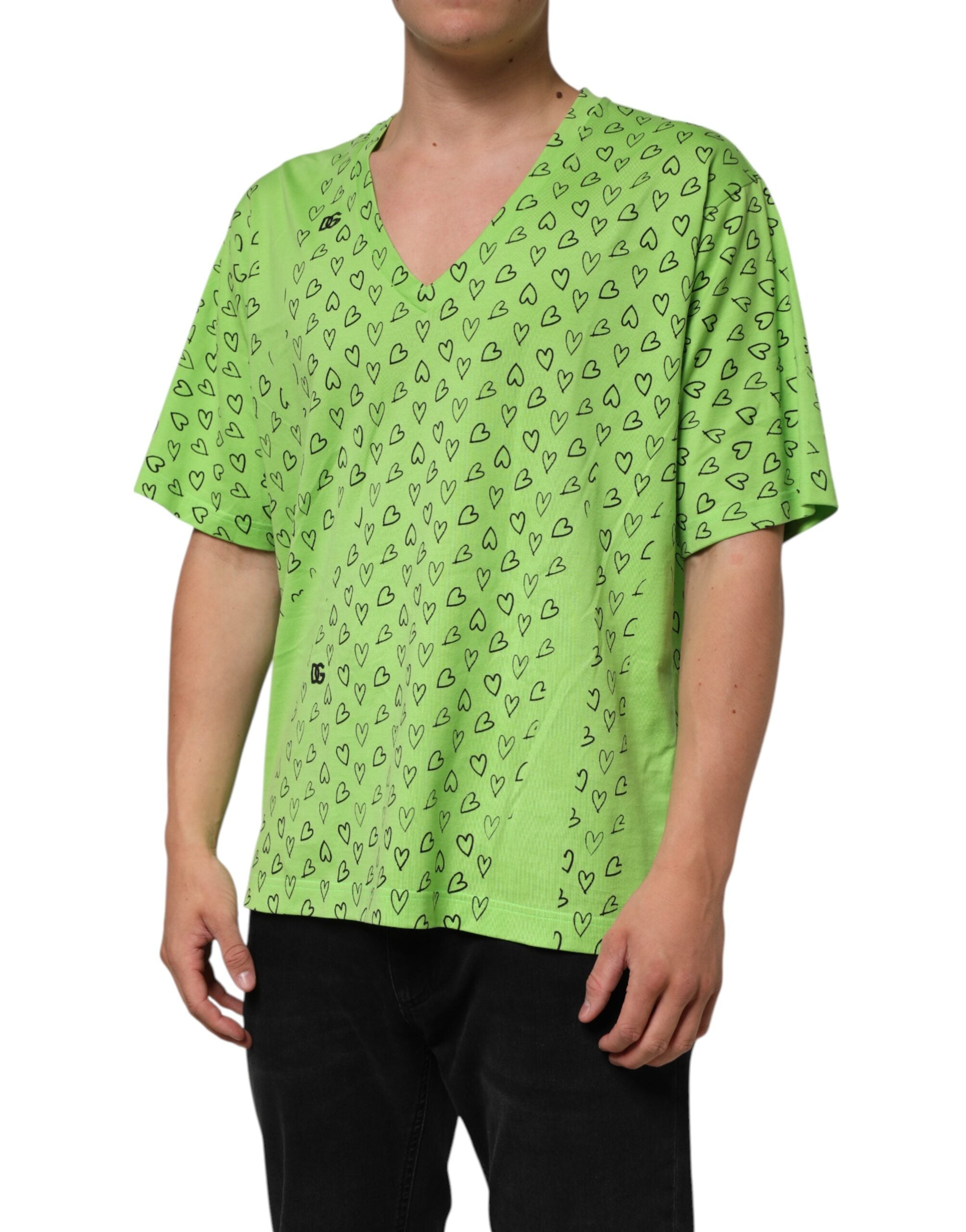 Dolce & Gabbana Green V-Neck DG Logo Heart Print Men's T-shirt (Pre-Owned)