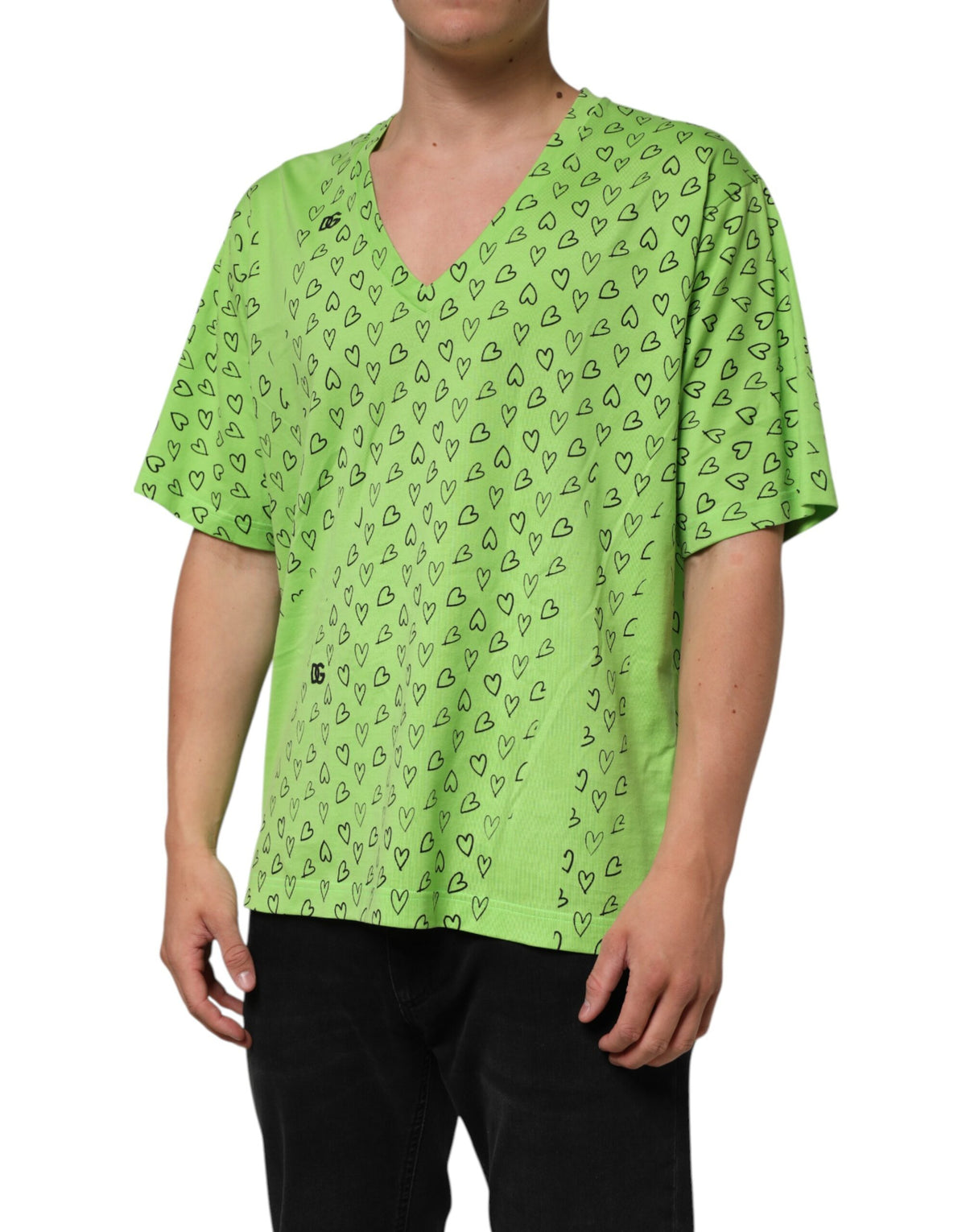 Dolce & Gabbana Green V-Neck DG Logo Heart Print Men's T-shirt (Pre-Owned)