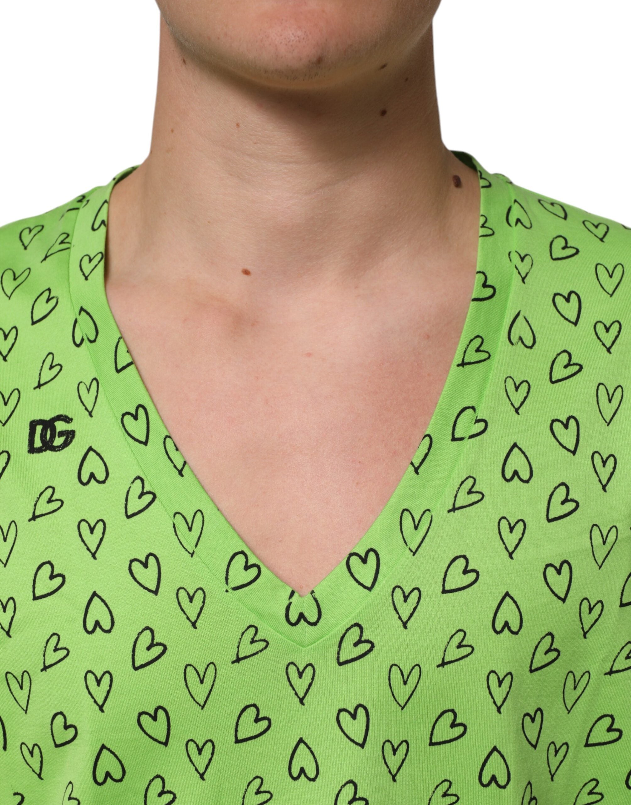 Dolce & Gabbana Green V-Neck DG Logo Heart Print Men's T-shirt (Pre-Owned)