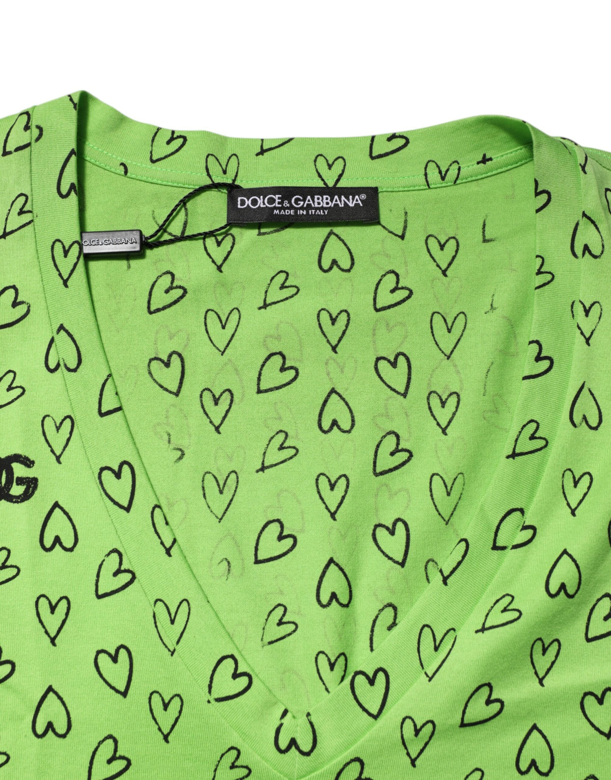 Dolce & Gabbana Green V-Neck DG Logo Heart Print Men's T-shirt (Pre-Owned)