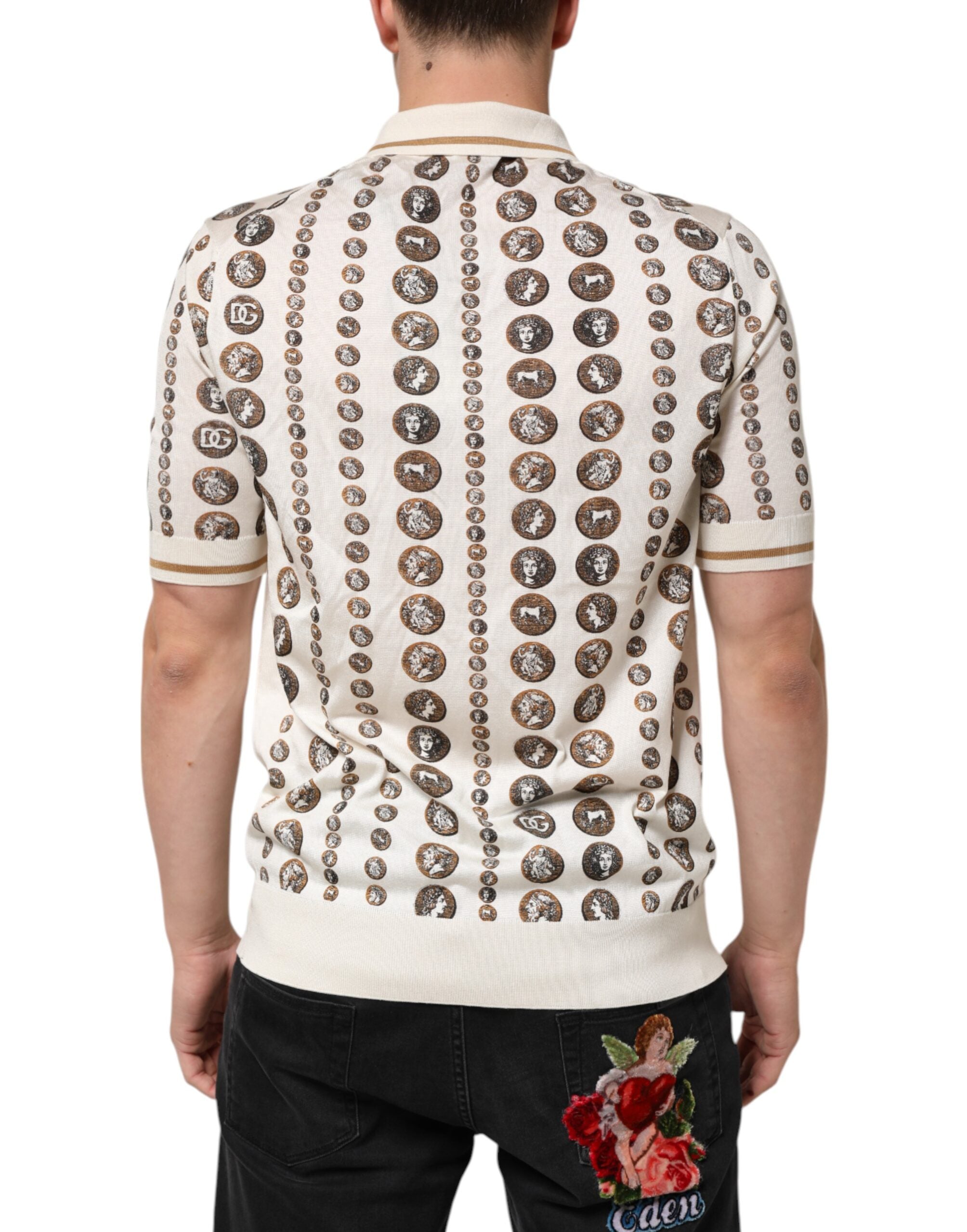 Dolce & Gabbana Silk Ivory Coin Print Logo Men Polo Men's T-shirt