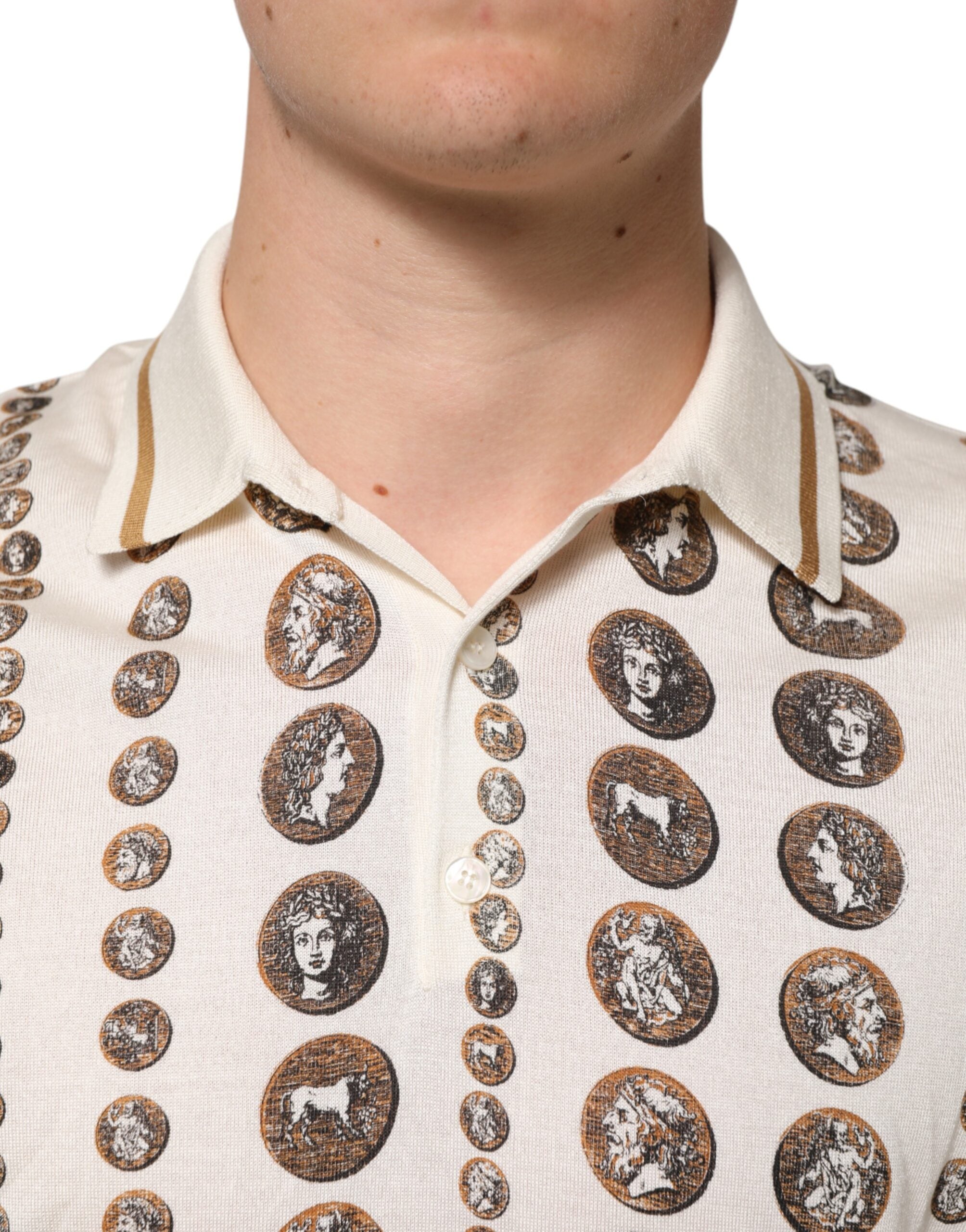 Dolce & Gabbana Silk Ivory Coin Print Logo Men Polo Men's T-shirt