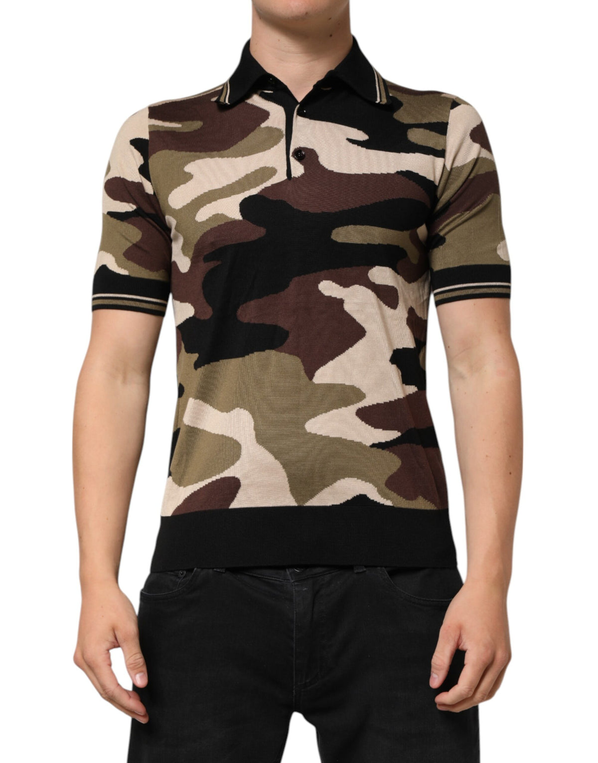 Dolce & Gabbana Camouflage Brown Silk Military Polo Men's T-shirt