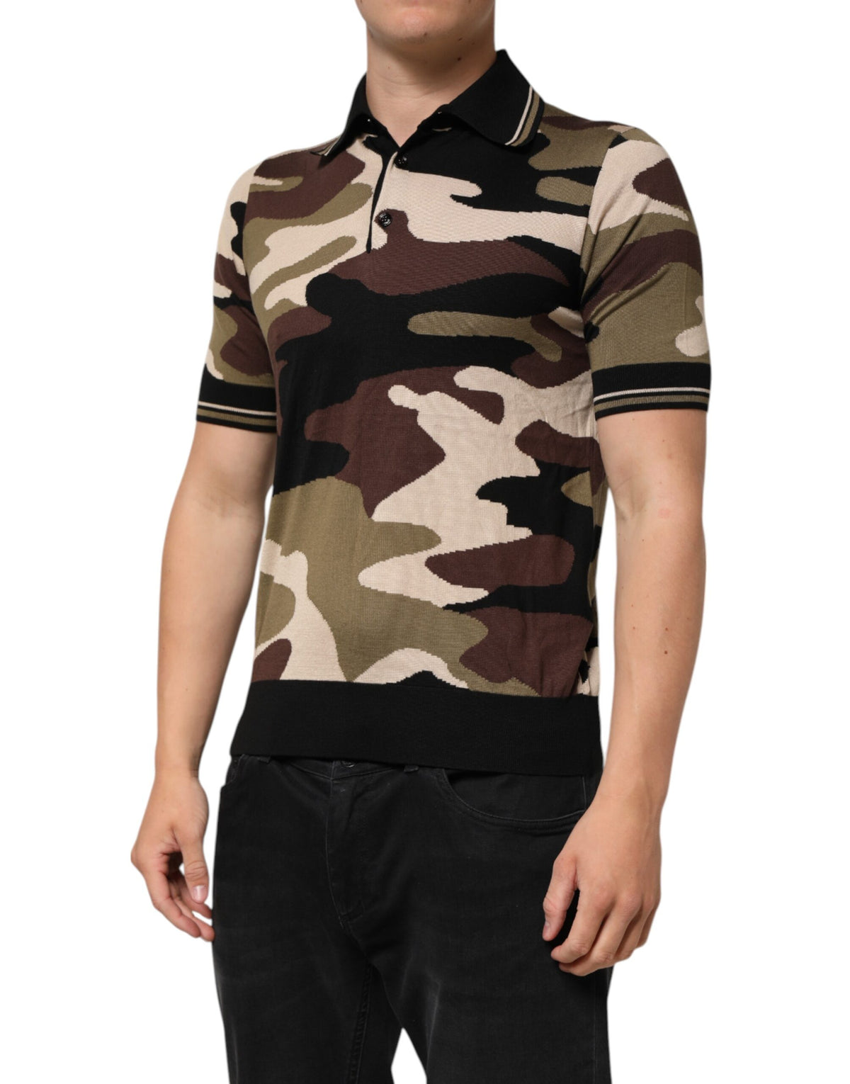 Dolce & Gabbana Camouflage Brown Silk Military Polo Men's T-shirt
