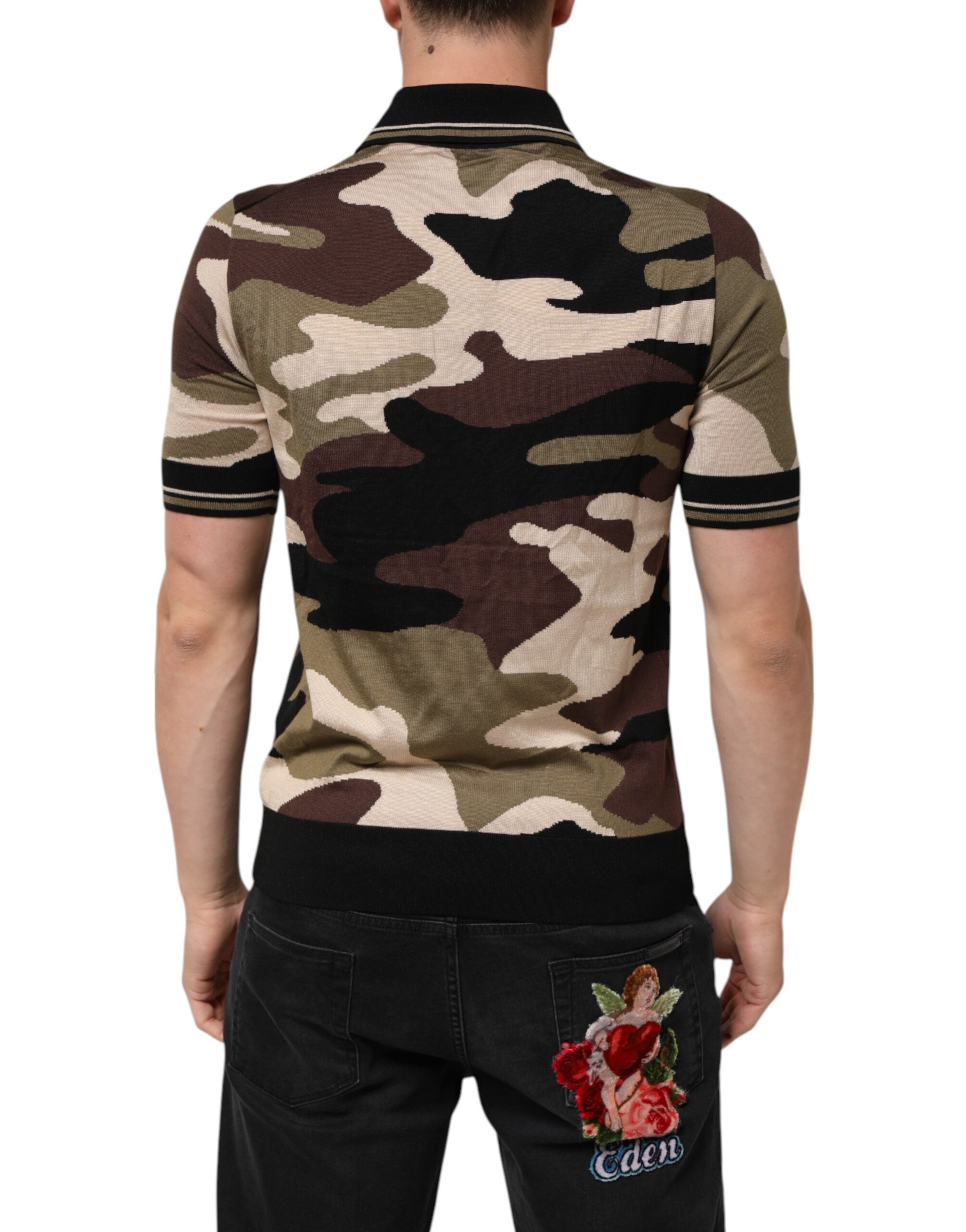 Dolce & Gabbana Camouflage Brown Silk Military Polo Men's T-shirt