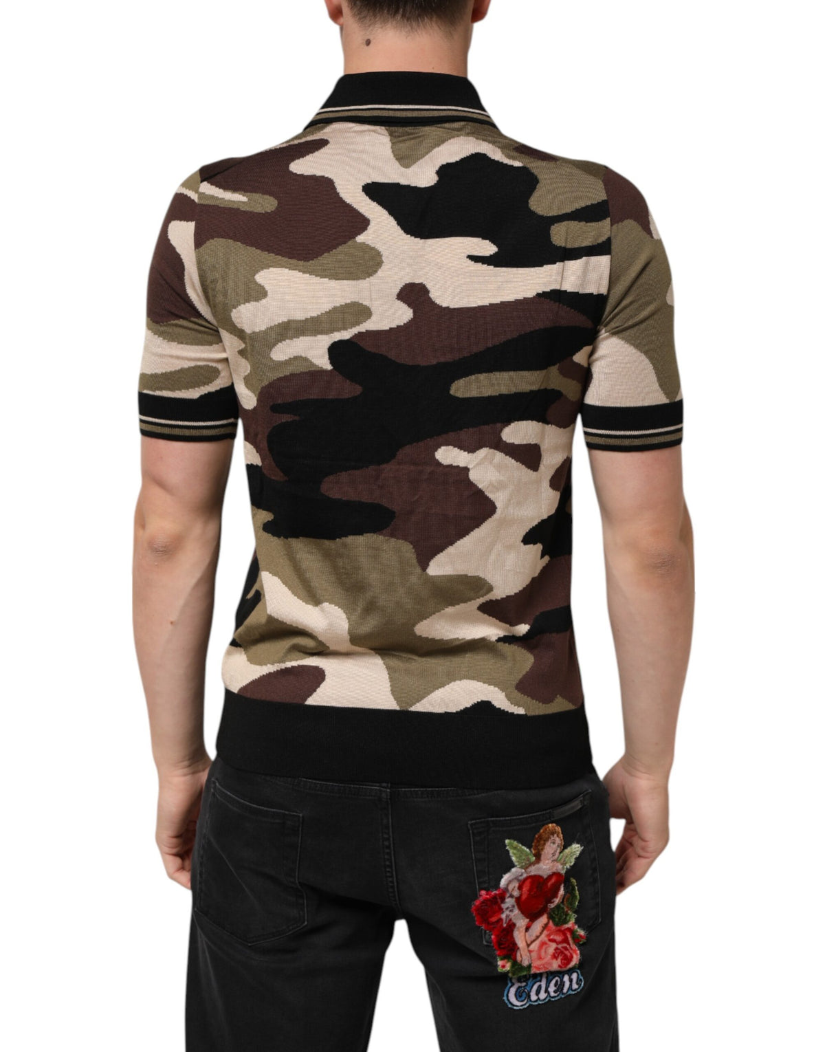 Dolce & Gabbana Camouflage Brown Silk Military Polo Men's T-shirt