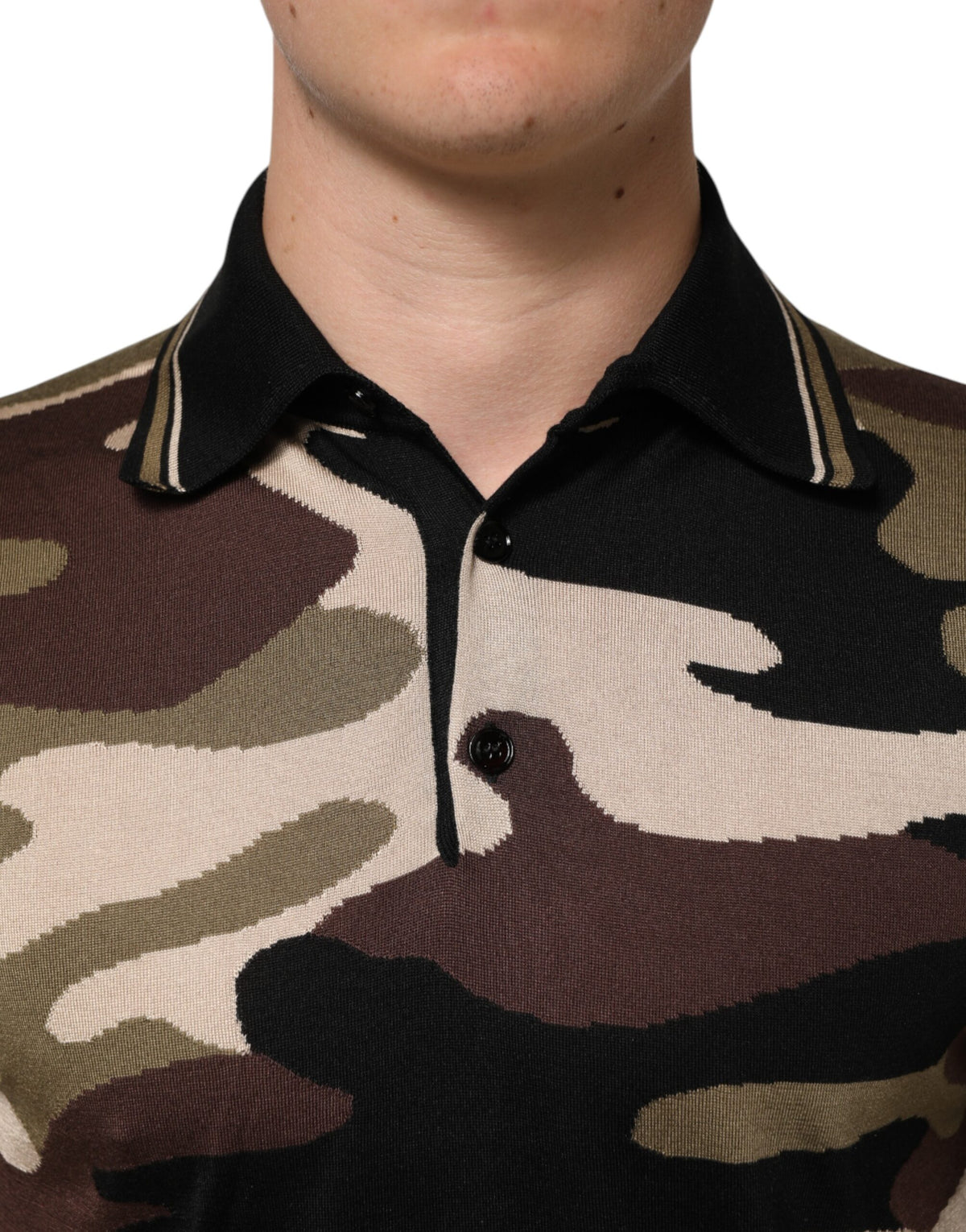 Dolce & Gabbana Camouflage Brown Silk Military Polo Men's T-shirt
