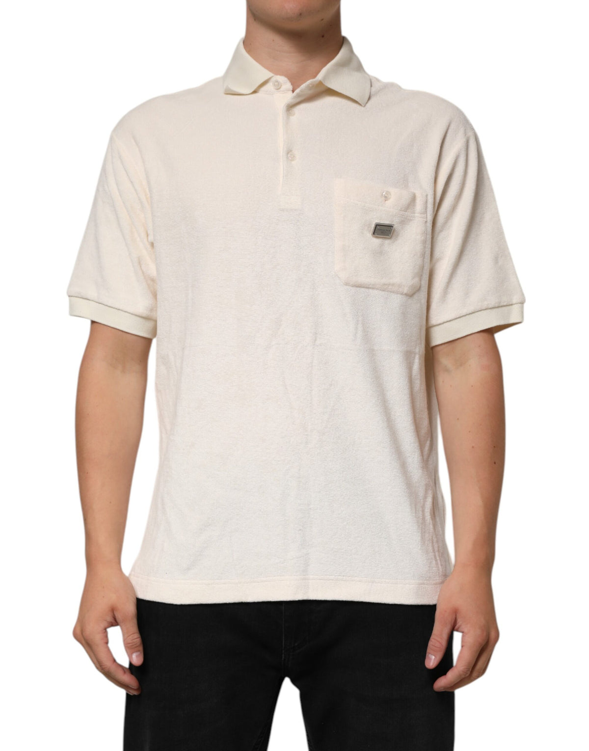 Dolce & Gabbana Ivory Cotton Terry Logo Pocket Polo Men's T-shirt