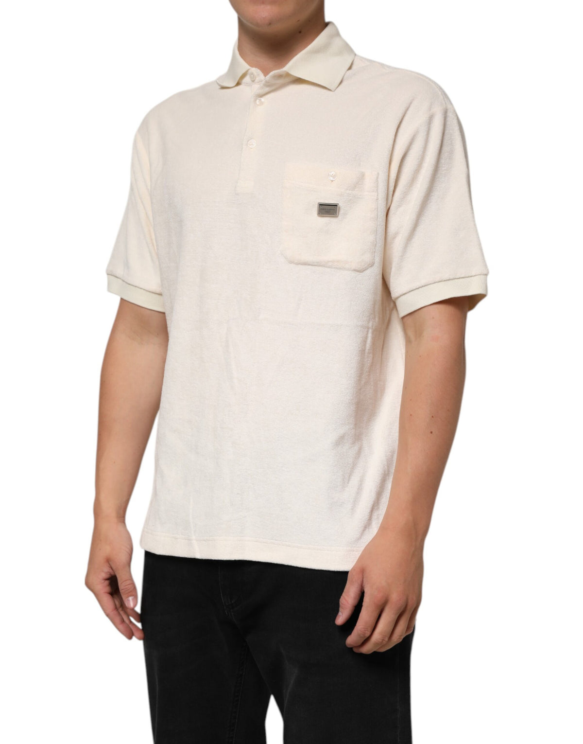 Dolce & Gabbana Ivory Cotton Terry Logo Pocket Polo Men's T-shirt