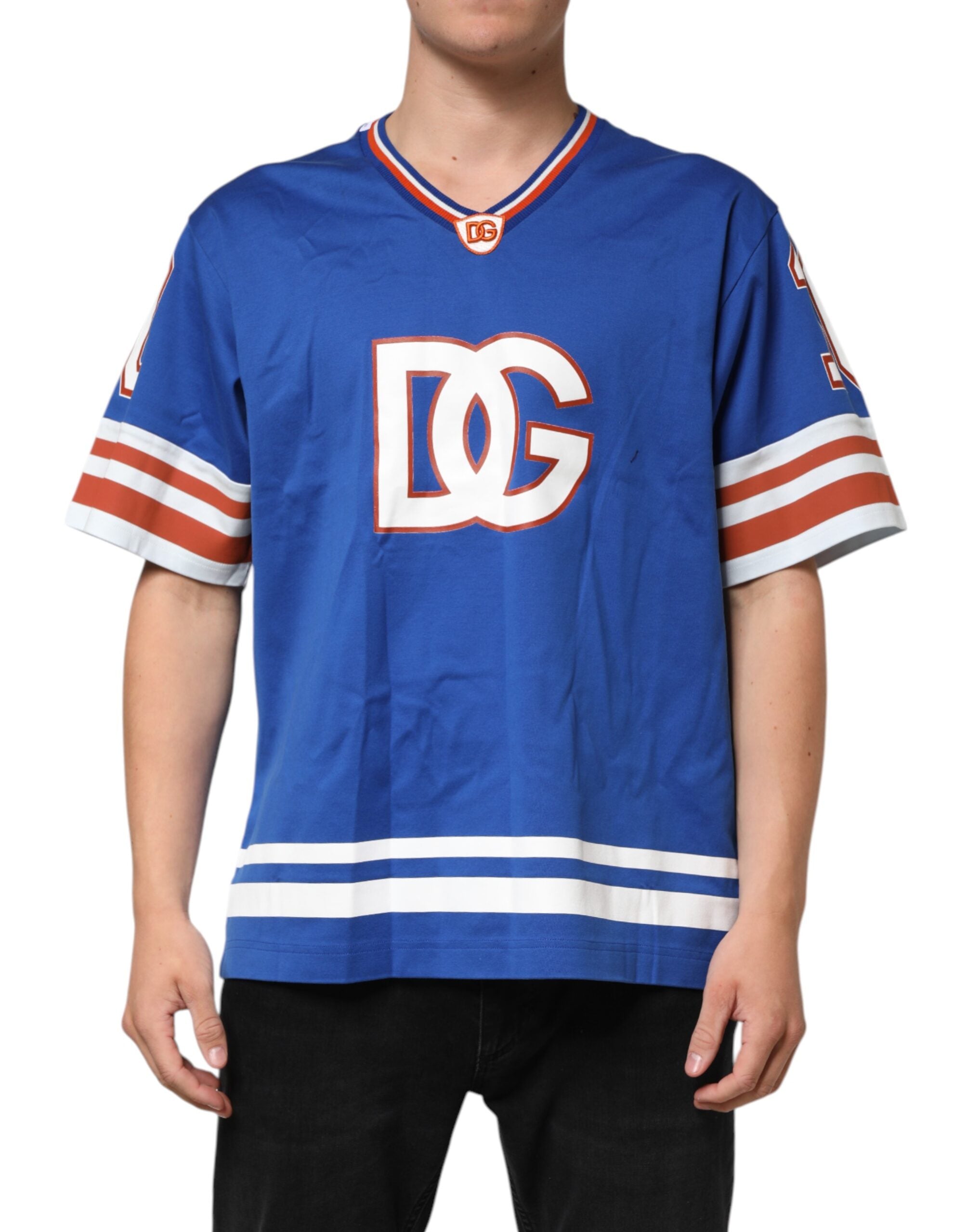 Dolce & Gabbana Blue Cotton DG Logo Mesh Jersey Men's T-shirt (Pre-Owned)