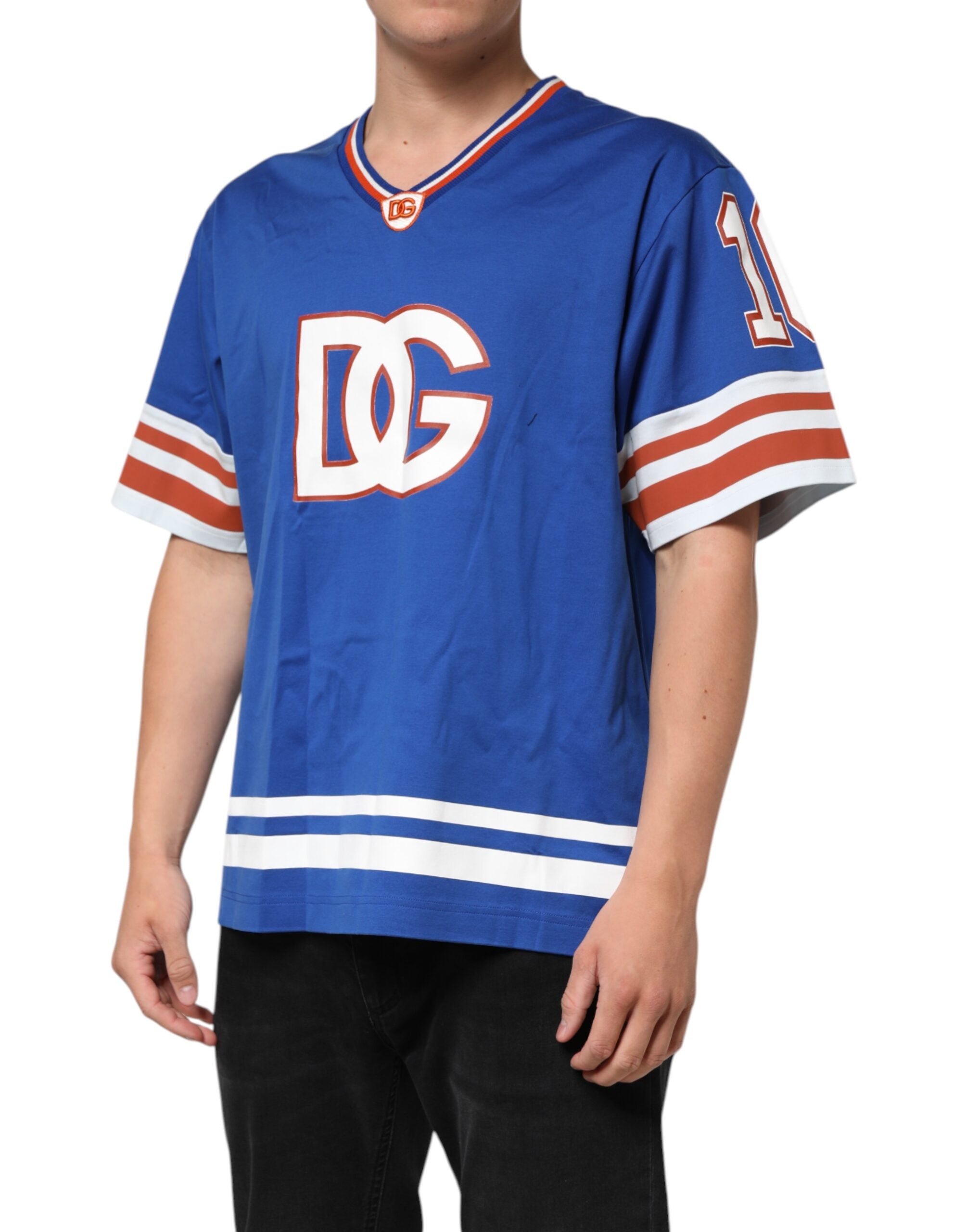 Dolce & Gabbana Blue Cotton DG Logo Mesh Jersey Men's T-shirt (Pre-Owned)