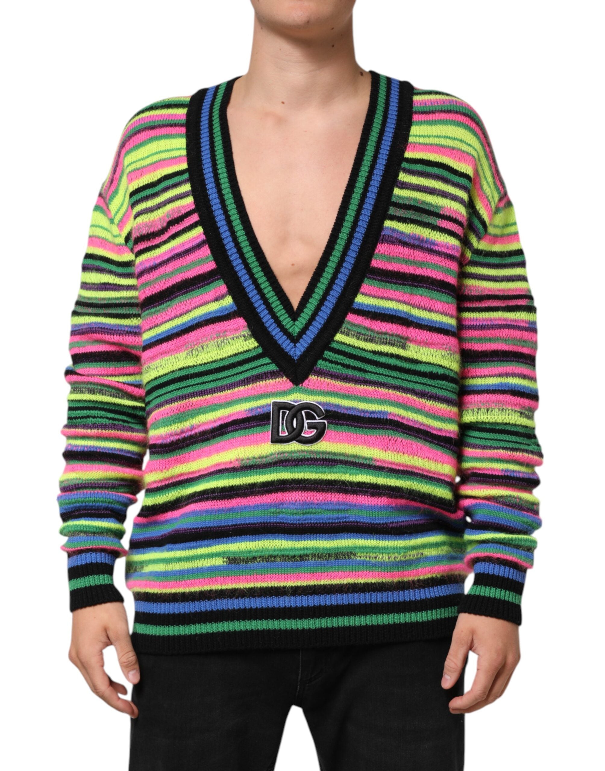 Dolce & Gabbana Multicolor DG Logo V-Neck Knit Pullover Men's Sweater