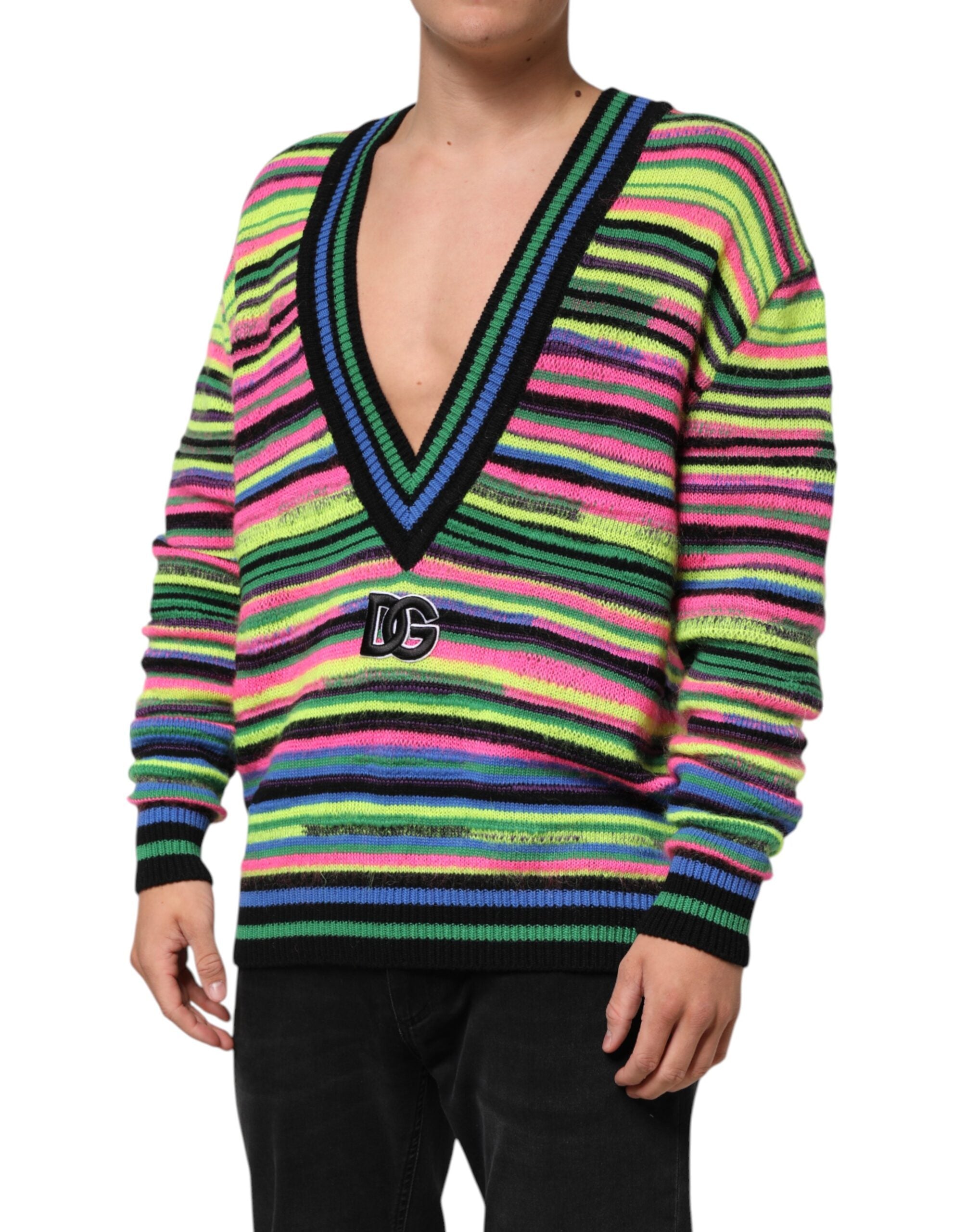 Dolce & Gabbana Multicolor DG Logo V-Neck Knit Pullover Men's Sweater