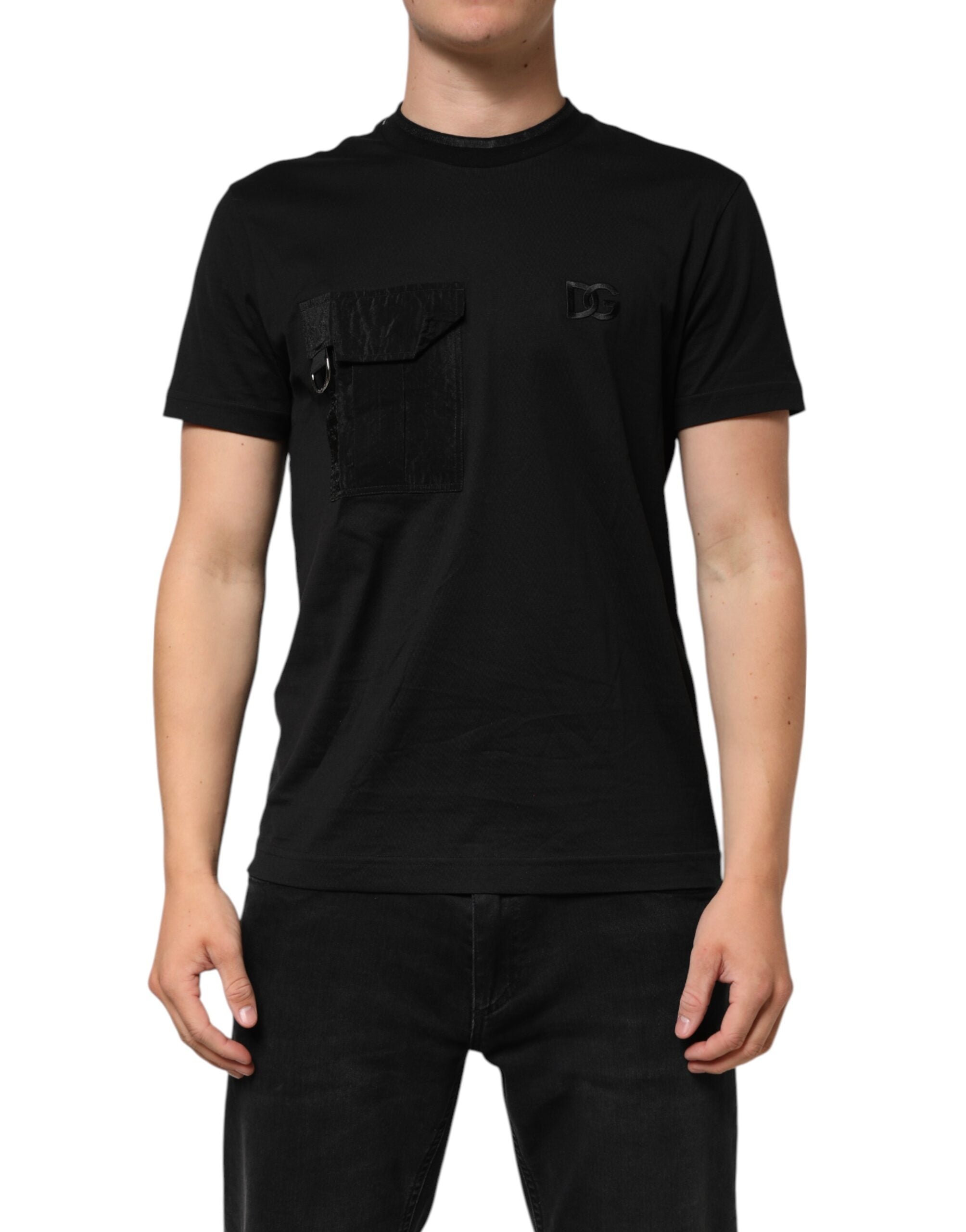 Dolce & Gabbana Black Cotton Embroidered DG Logo Pocket Men's T-shirt