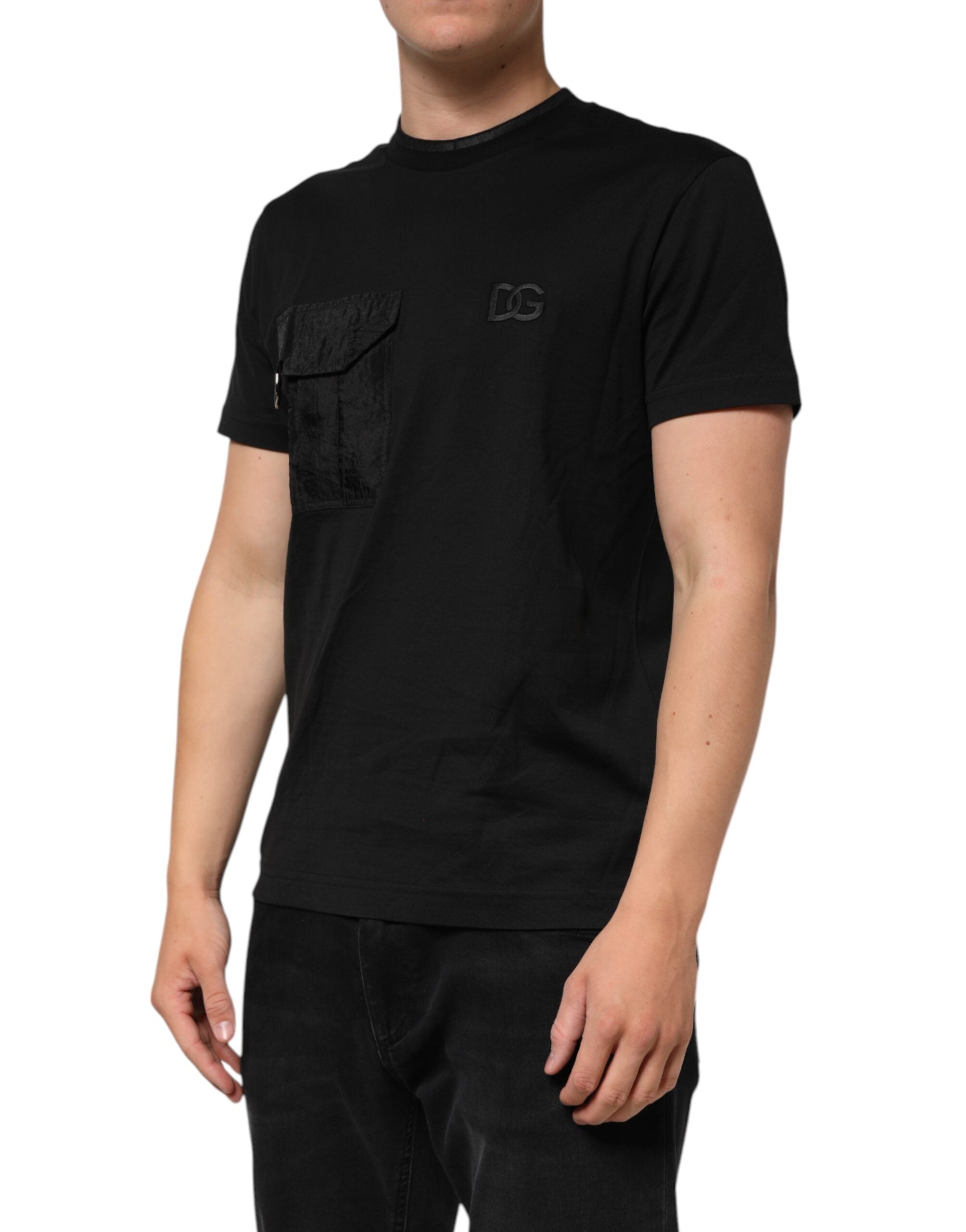 Dolce & Gabbana Black Cotton Embroidered DG Logo Pocket Men's T-shirt
