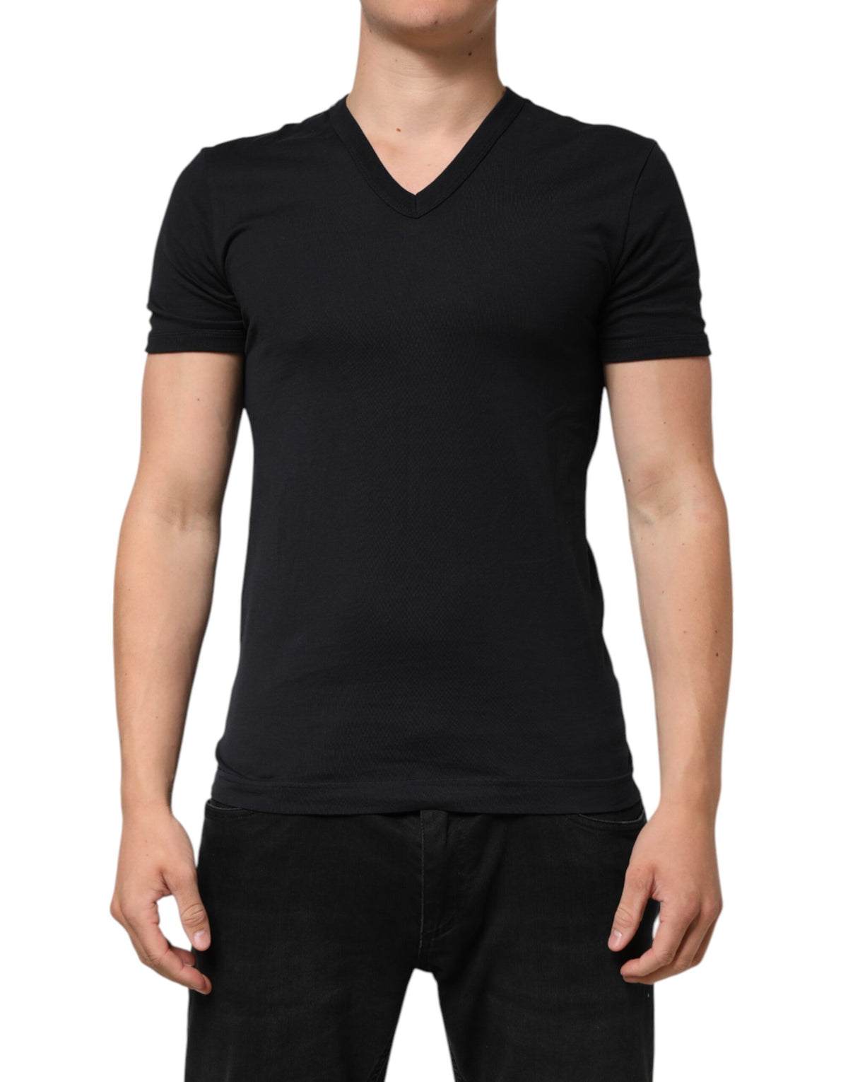 Dolce & Gabbana Black Cotton Plain V-Neck Men Shirt Men's T-shirt (Pre-Owned)