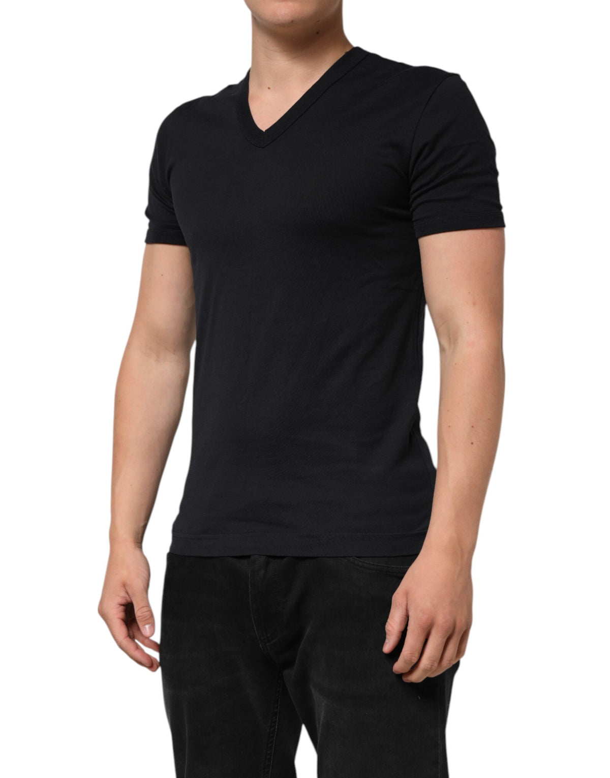 Dolce & Gabbana Black Cotton Plain V-Neck Men Shirt Men's T-shirt (Pre-Owned)