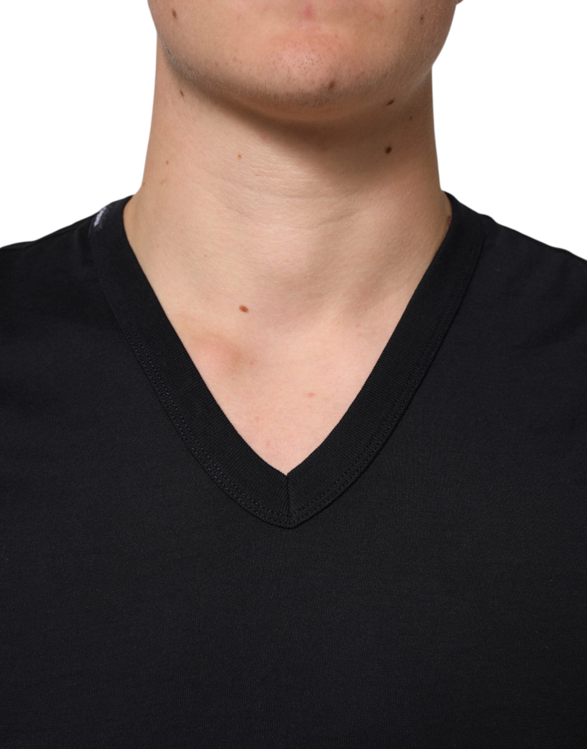 Dolce & Gabbana Black Cotton Plain V-Neck Men Shirt Men's T-shirt (Pre-Owned)