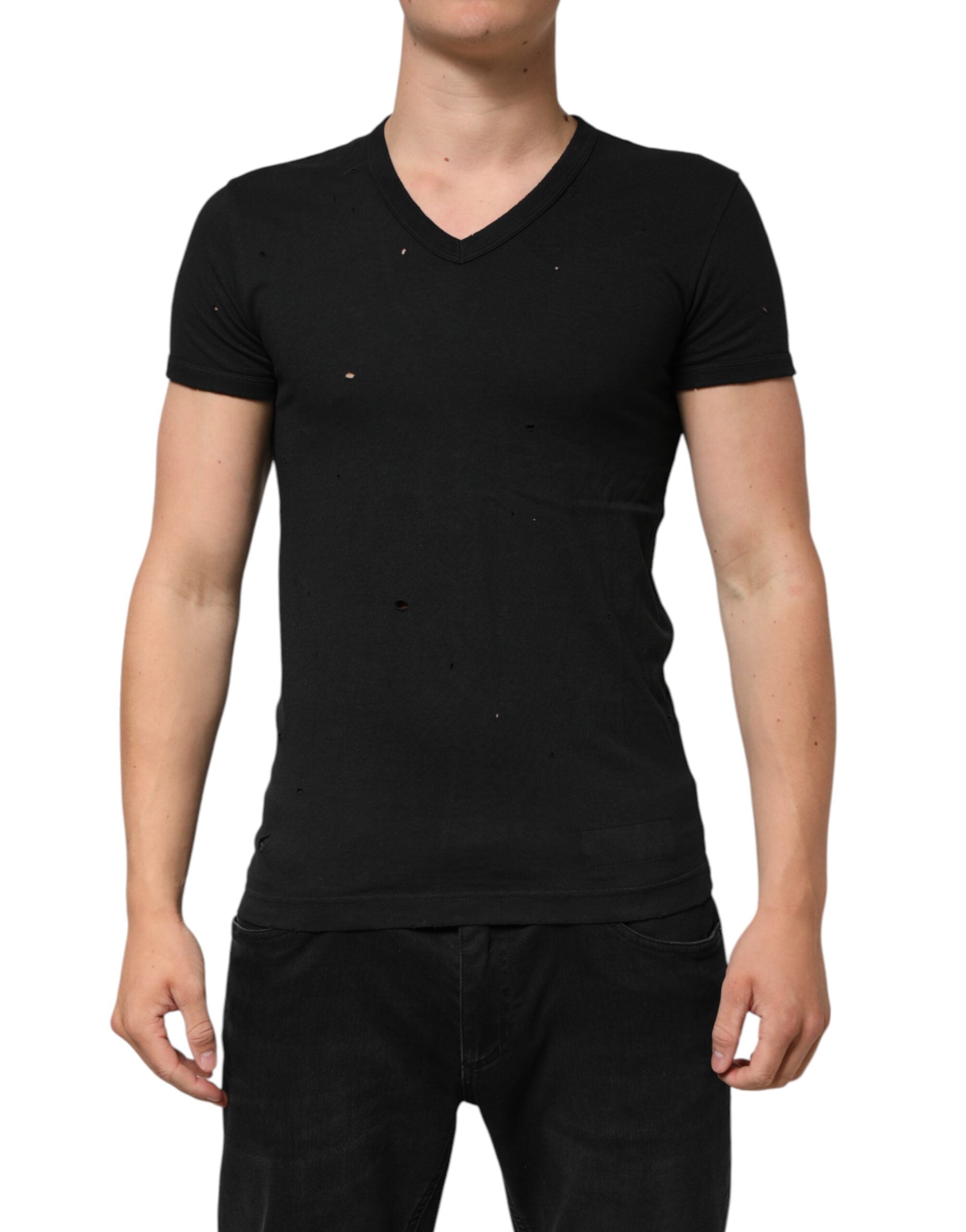 Dolce & Gabbana Black Cotton Tattered Logo V-Neck Men Men's T-shirt