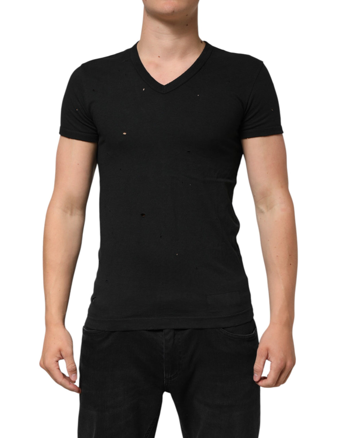 Dolce & Gabbana Black Cotton Tattered Logo V-Neck Men Men's T-shirt