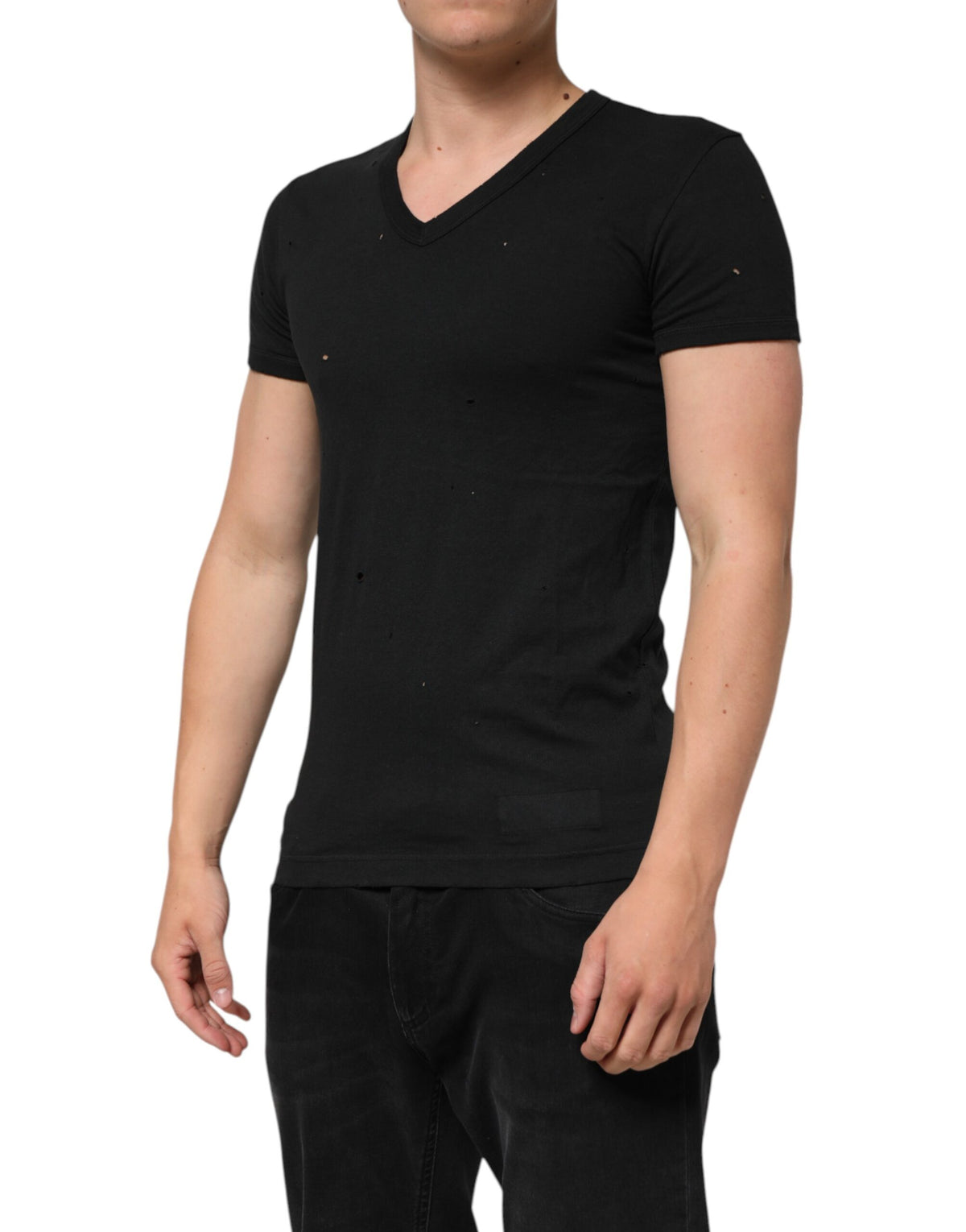 Dolce & Gabbana Black Cotton Tattered Logo V-Neck Men Men's T-shirt