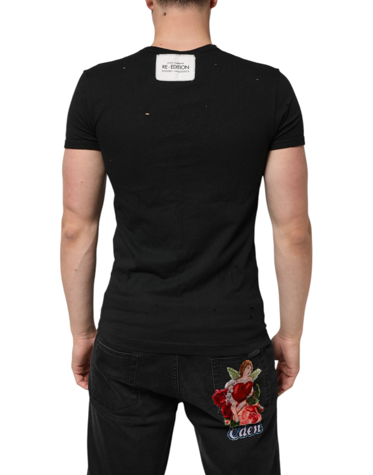 Dolce & Gabbana Black Cotton Tattered Logo V-Neck Men Men's T-shirt