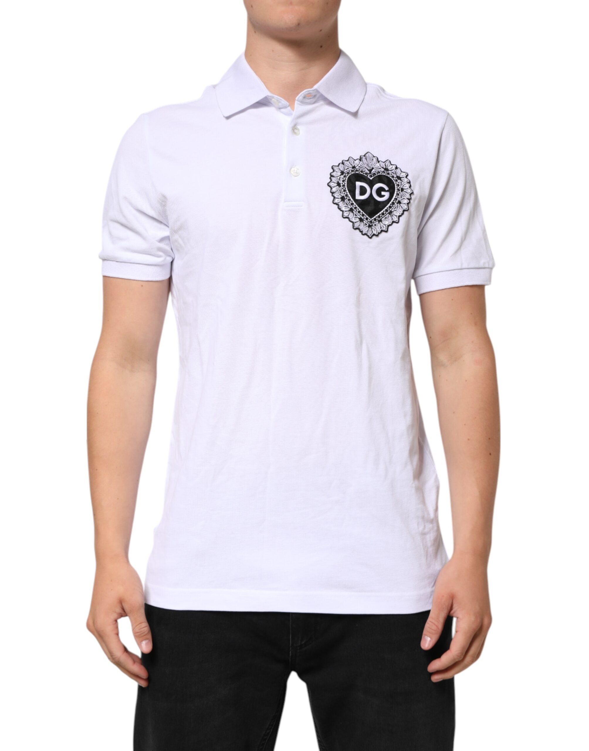 Dolce & Gabbana White Cotton DG Heart Logo Embroider Men's T-shirt (Pre-Owned)