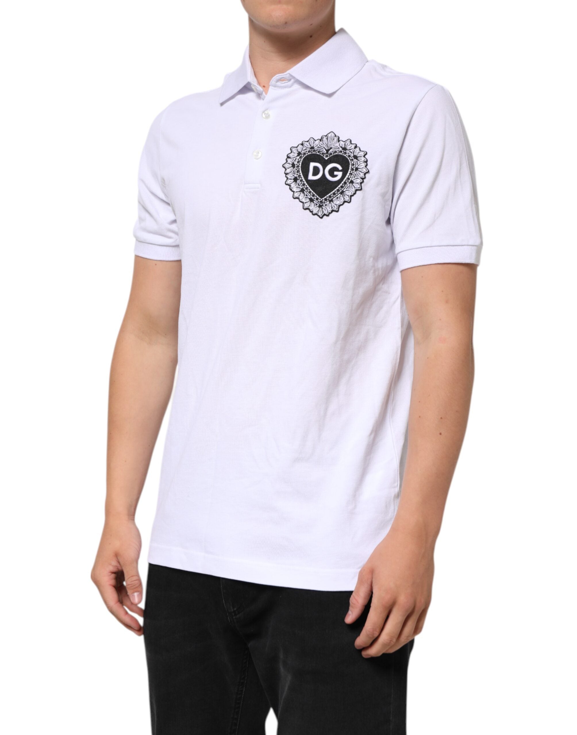 Dolce & Gabbana White Cotton DG Heart Logo Embroider Men's T-shirt (Pre-Owned)