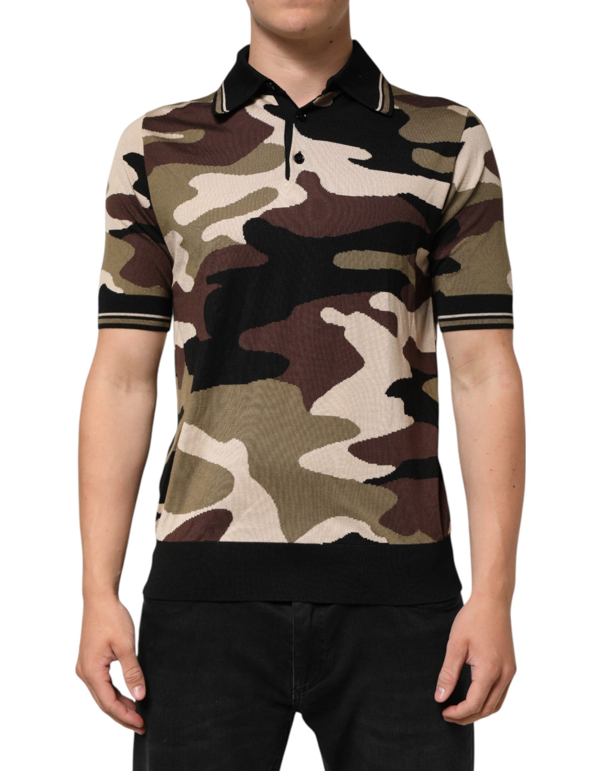 Dolce & Gabbana Camouflage Brown Silk Military Polo Men's T-shirt (Pre-Owned)