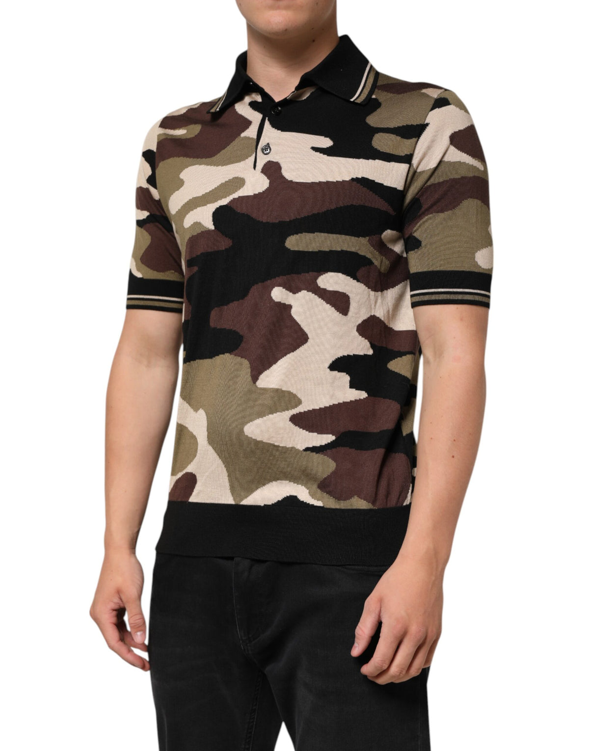 Dolce & Gabbana Camouflage Brown Silk Military Polo Men's T-shirt (Pre-Owned)