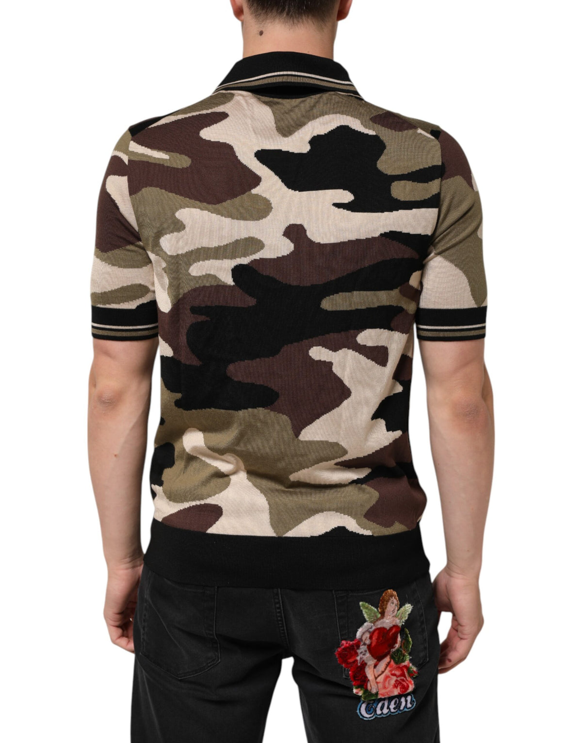 Dolce & Gabbana Camouflage Brown Silk Military Polo Men's T-shirt (Pre-Owned)