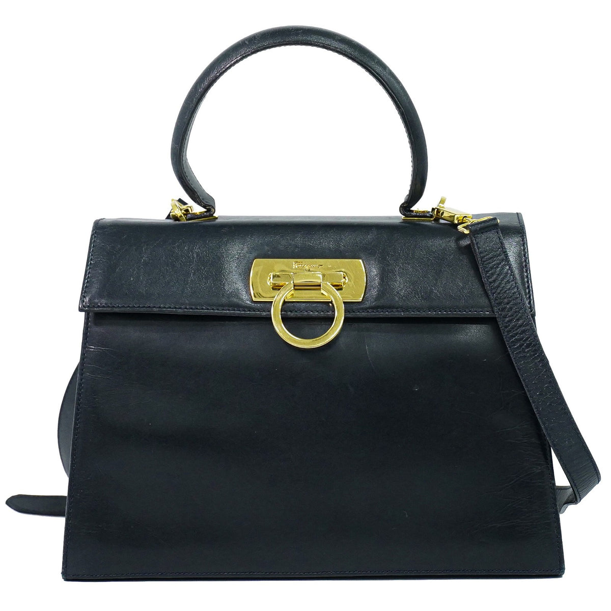 Salvatore Ferragamo Convertible Top Handle Leather Navy Leather Handbag (Pre-Owned)