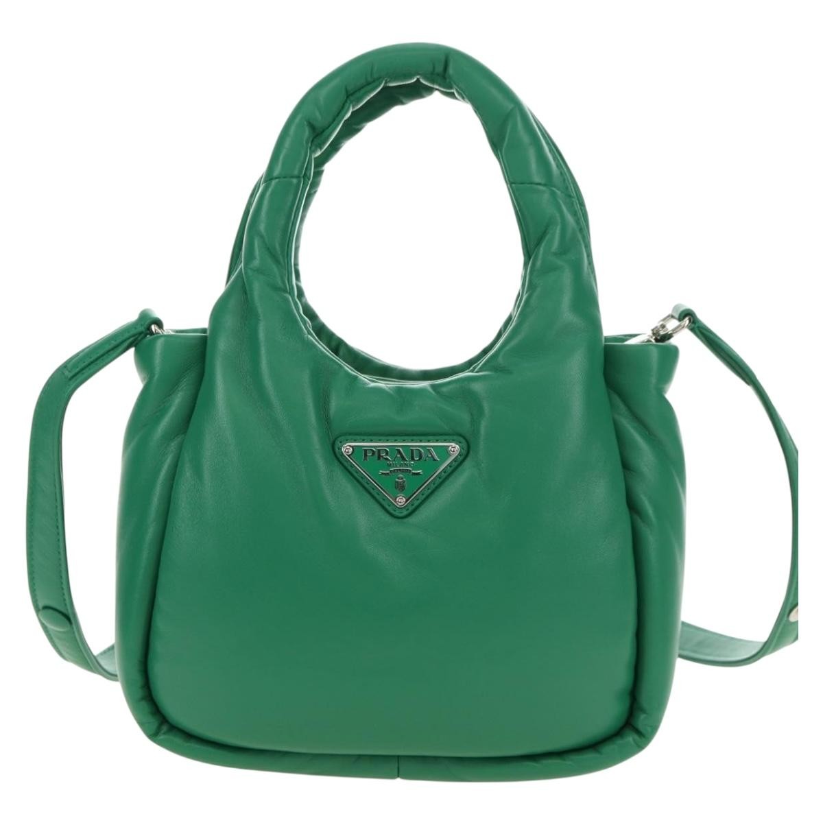 Prada Padded Soft Tote Leather Green Leather Handbag (Pre-Owned)