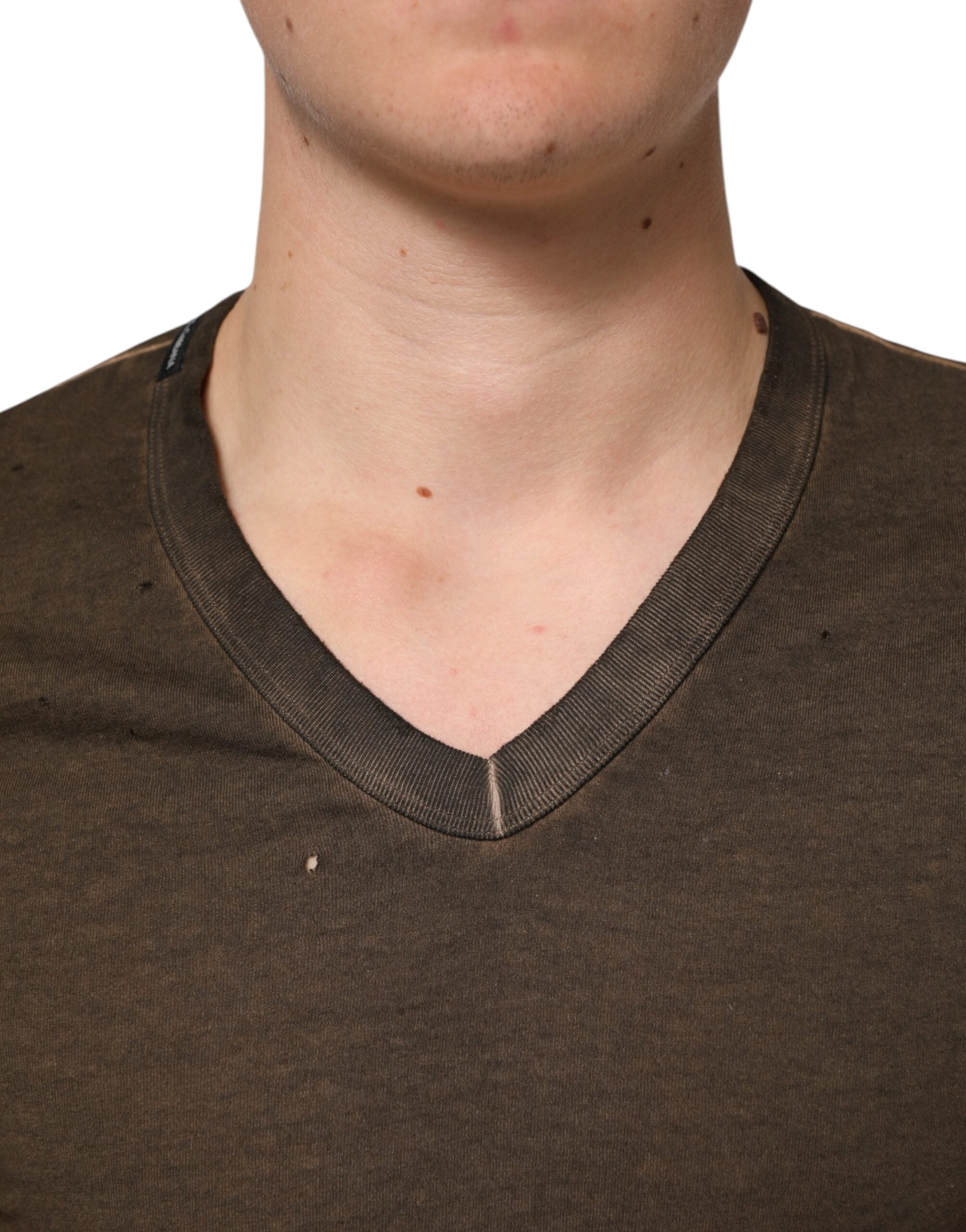 Dolce & Gabbana Dark Brown Cotton Tattered Logo Men Men's T-shirt