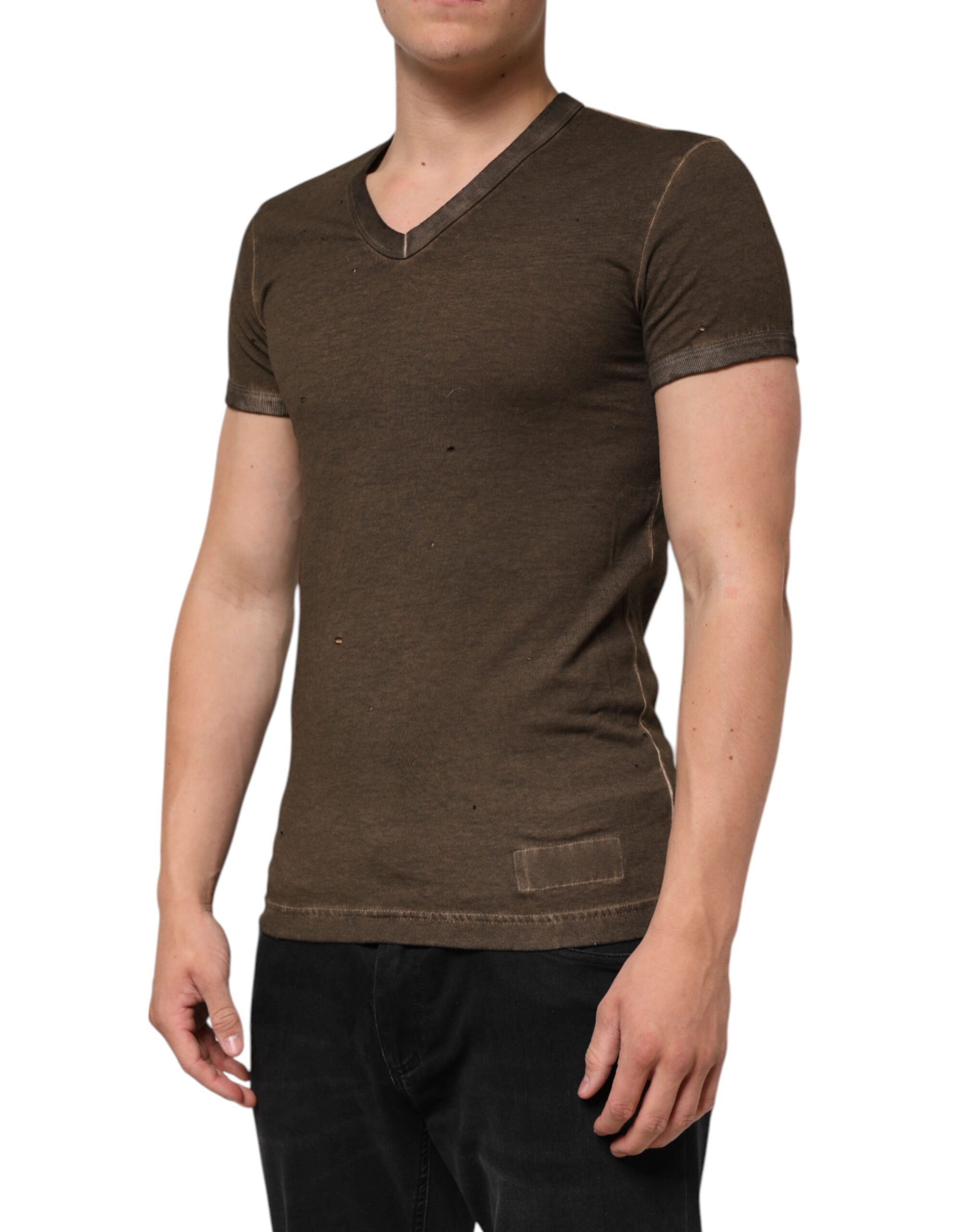 Dolce & Gabbana Dark Brown Cotton Tattered Logo Men Men's T-shirt